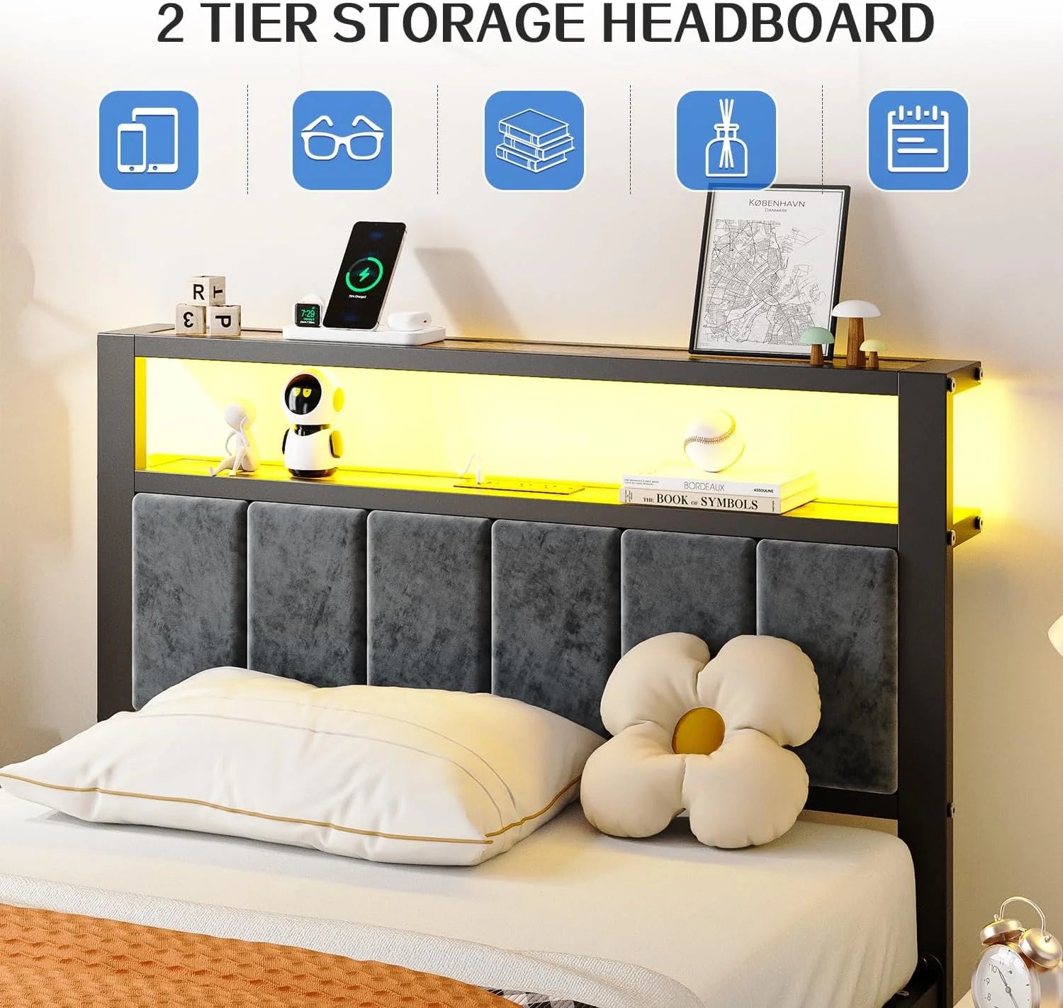 Queen Size Bed Frame with 2-Tier Storage Shelves Headboard Platform Bed Charging Station