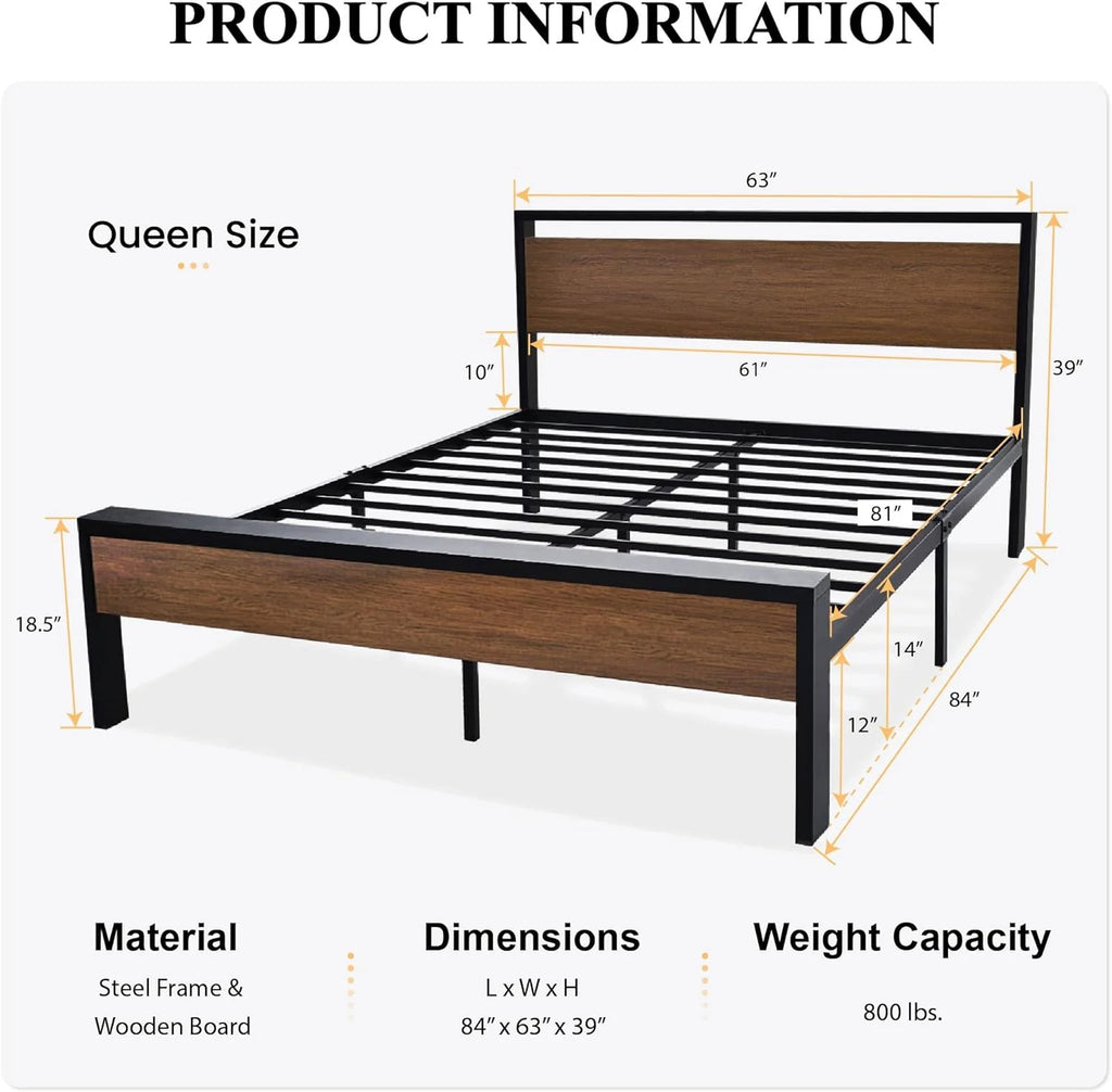 SHA CERLIN 14 Inch Full Size Metal Platform Bed Frame with Wooden Headboard and Footboard