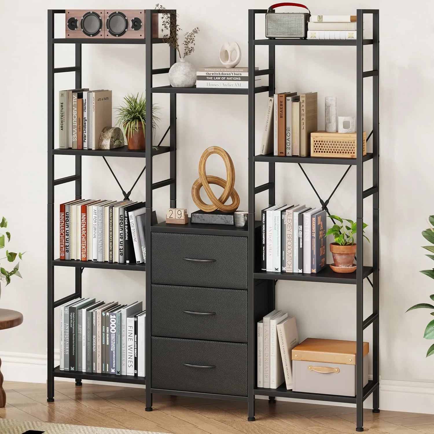 AFLUI Triple Bookshelf 3 Fabric Drawers 4-Tier Book Shelf 10 Display Shelves Industrial Bookcase