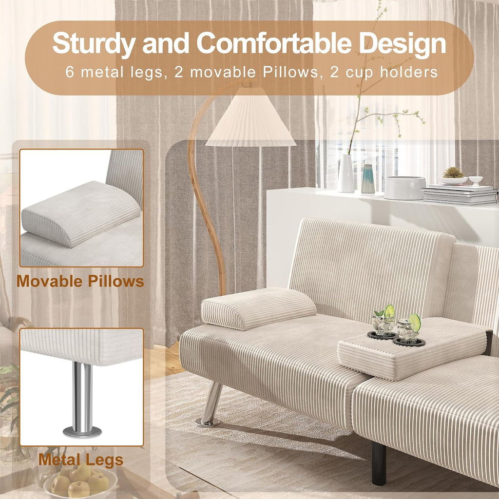 Shahoo Modern Linen Upholstered Convertible Folding Futon Sofa Bed with Removable Armrests