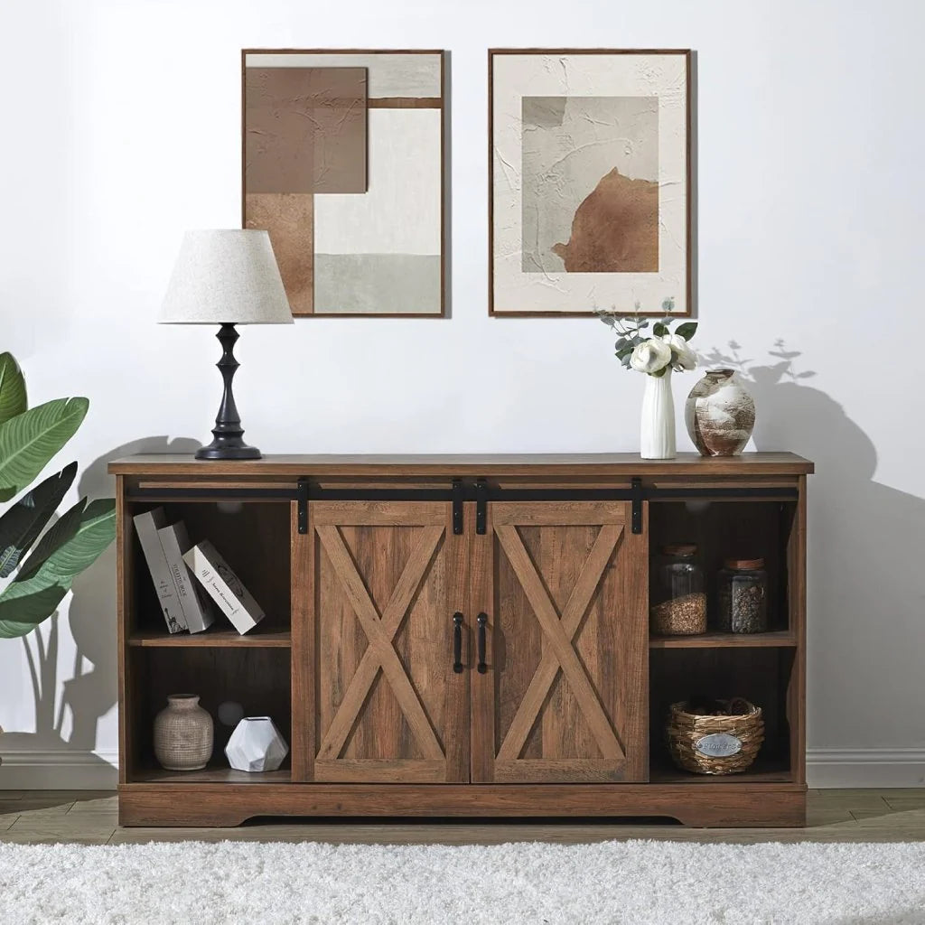AMERLIFE Fireplace TV Stand with Sliding Barn Door for TVs up to 73, Farmhouse 63 Fireplace Entertainment Center with Storage Cabinets/Adjustable Shelves