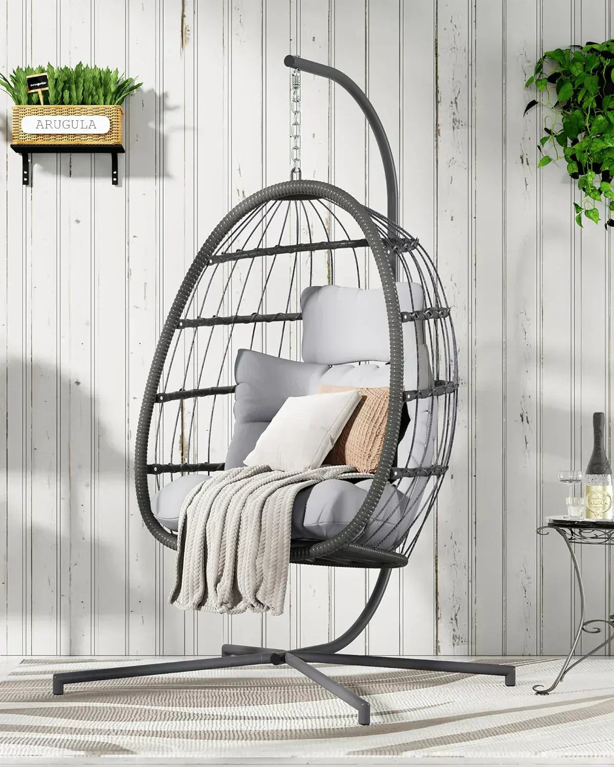 HWB Hanging Egg Chair with Stand Patio Wicker Hammock Egg Swing Chair Cushion for Bedroom