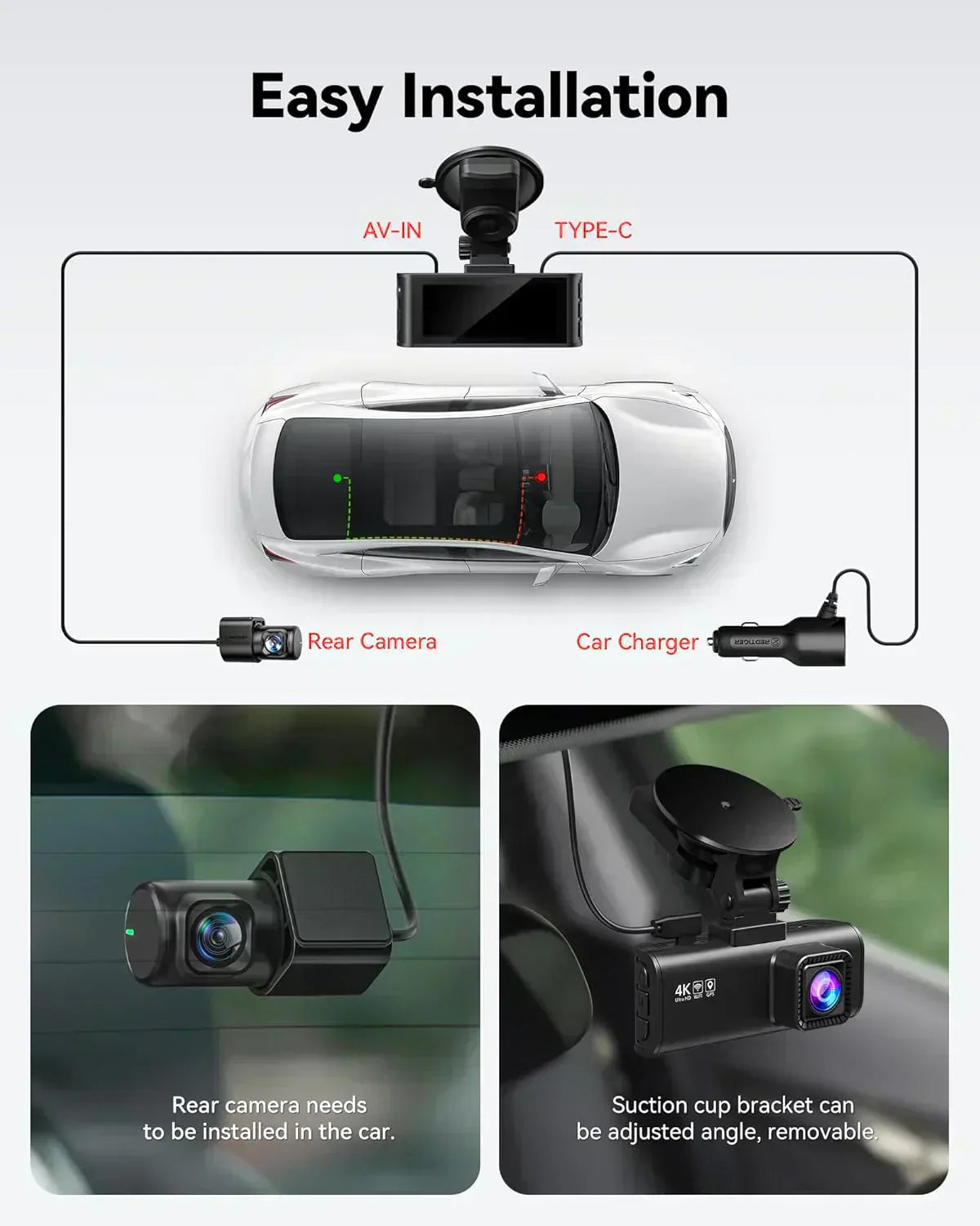Dash Cam Front Rear 4K/2.5K Full HD Dash Camera for Cars Included 32GB Card Built-in Wi-Fi GPS