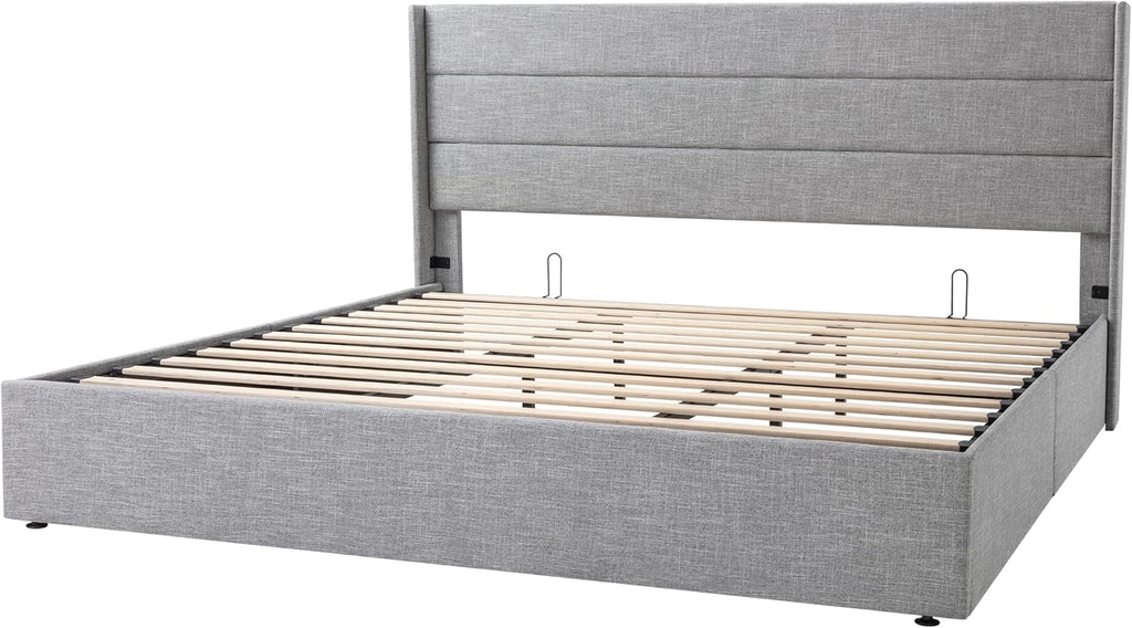 Allewie Queen Size Lift Up Storage Bed Modern Wingback Headboard Hydraulic Support