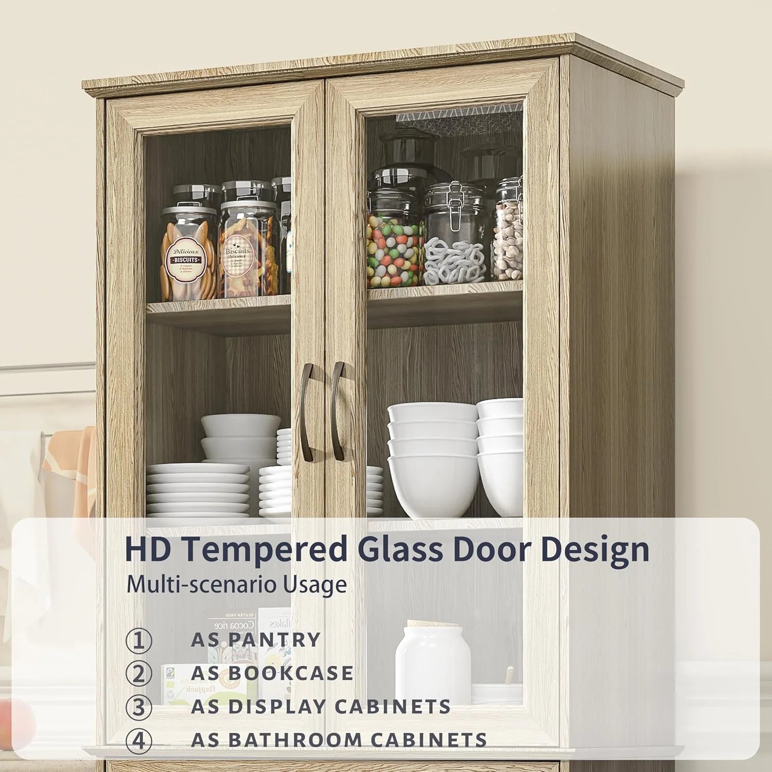 Kitchen Hutch Pantry Cabinet 71 Tall with Glass Doors