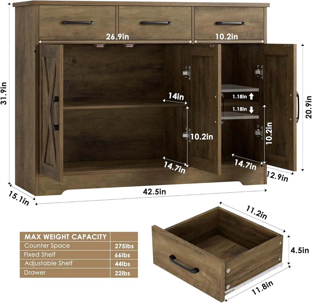 Modern farmhouse sideboard, barn door buffet storage cabinet with drawers and shelves, wooden coffee bar with storage