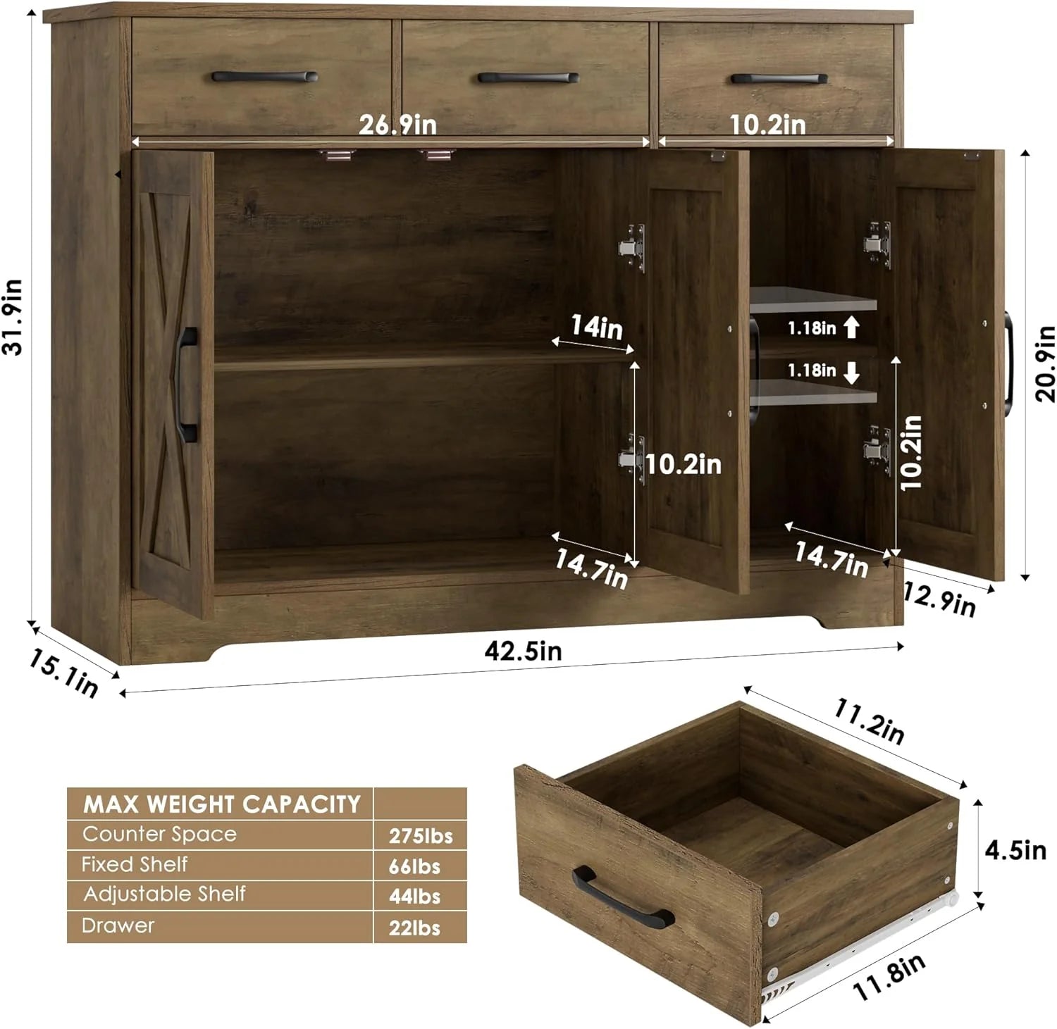 Modern farmhouse sideboard, barn door buffet storage cabinet with drawers and shelves, wooden coffee bar with storage