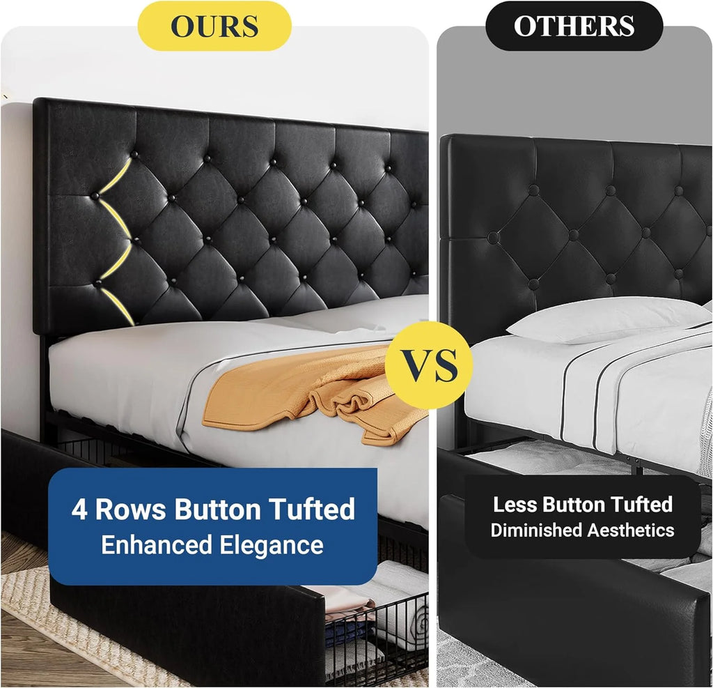 Allewie Upholstered Queen Size Platform Bed Frame with 4 Storage Drawers and Headboard