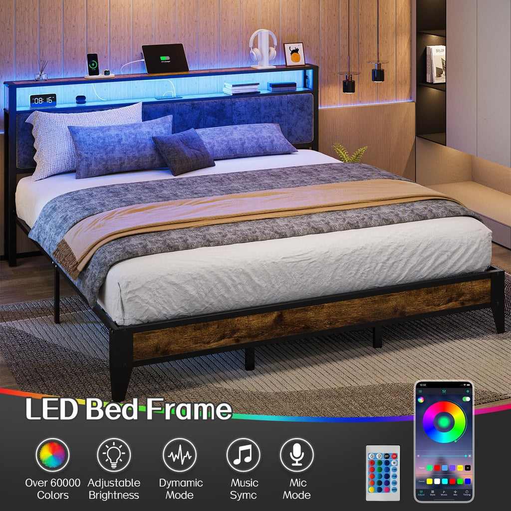 OLEVS Single Bed Frame LED Light Storage Headboard Charging Station Metal Platform Bed