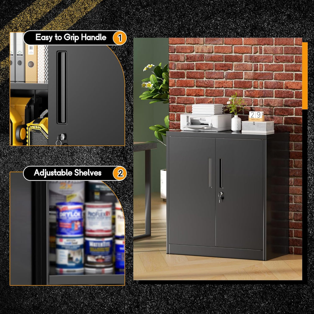 Greenvelly Metal Storage Cabinet, 72 Black Locking Metal Cabinet with 2 Doors and 4 Adjustable Shelves, Lockable Garage Storage Cabinets for Home Office, Garage, Kitchen, Living Room