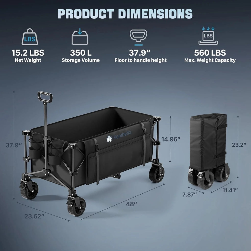 48 Extra Large Folding Travel Cart, 560 lb Capacity, 350 L Heavy Duty Utility Cart with Brakes and All-Terrain Wheels