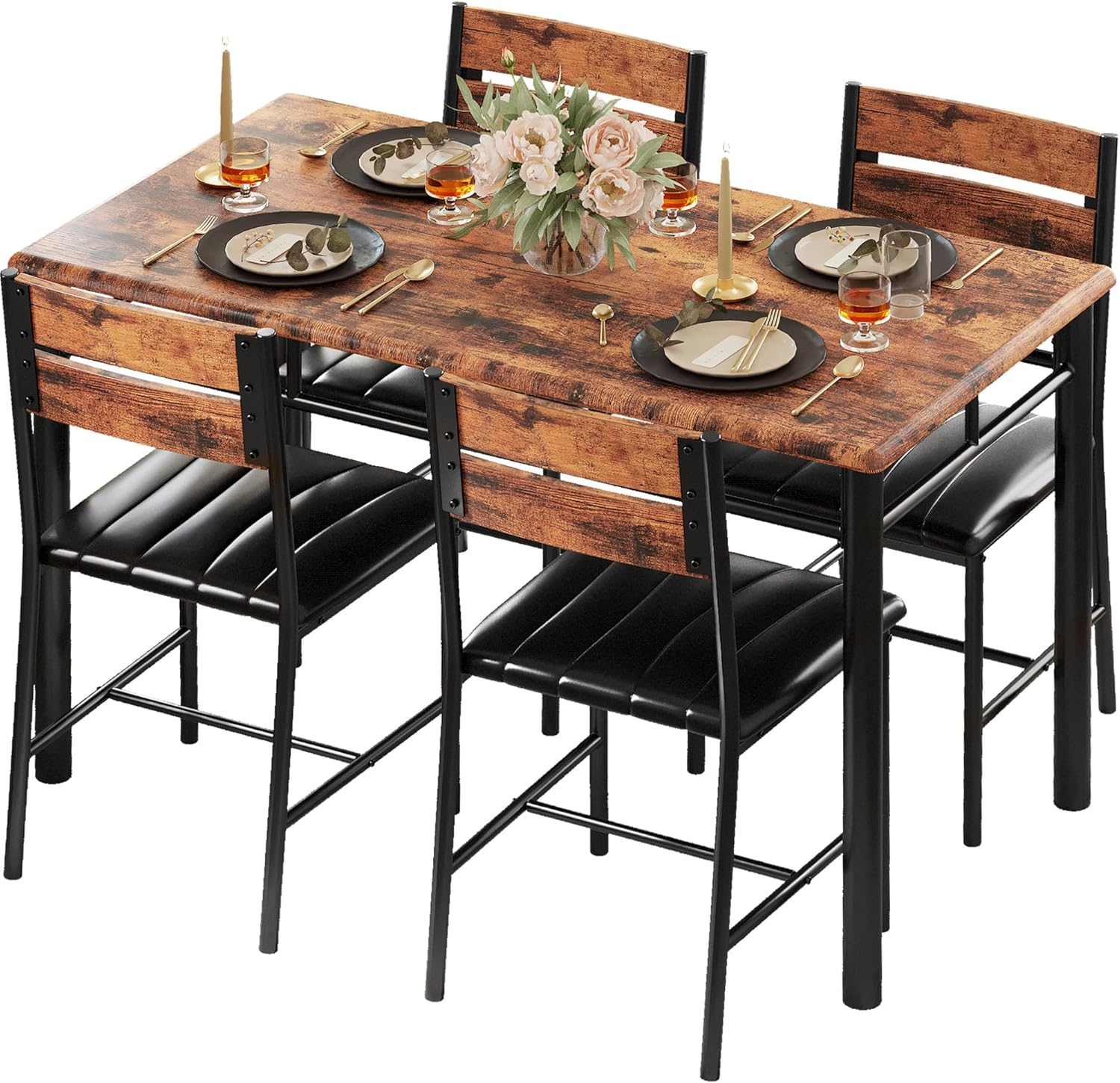 IRONCK Dining Table Set for 4 Wood Kitchen Table with Upholstered Chairs for Kitchen Room