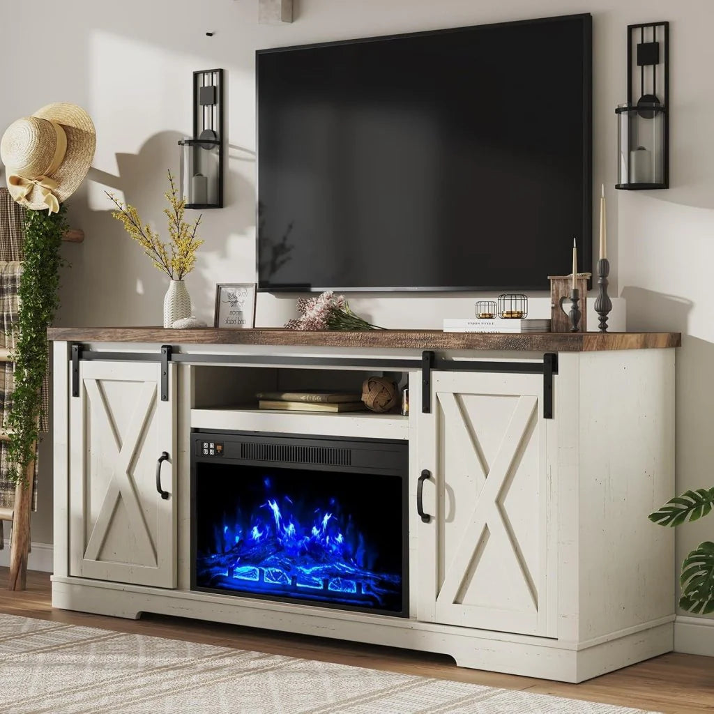 AMERLIFE Fireplace TV Stand with Sliding Barn Door for TVs up to 73, Farmhouse 63 Fireplace Entertainment Center with Storage Cabinets/Adjustable Shelves