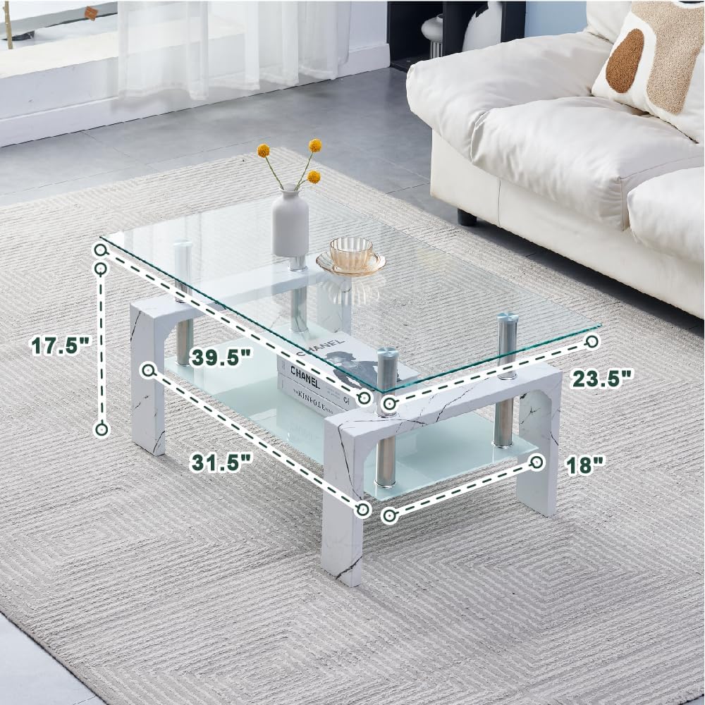 Living Room Rectangle Coffee Table, Tea Table Suitable for Waiting Room, Modern Side Coffee Table with Wooden Leg, Glass Tabletop