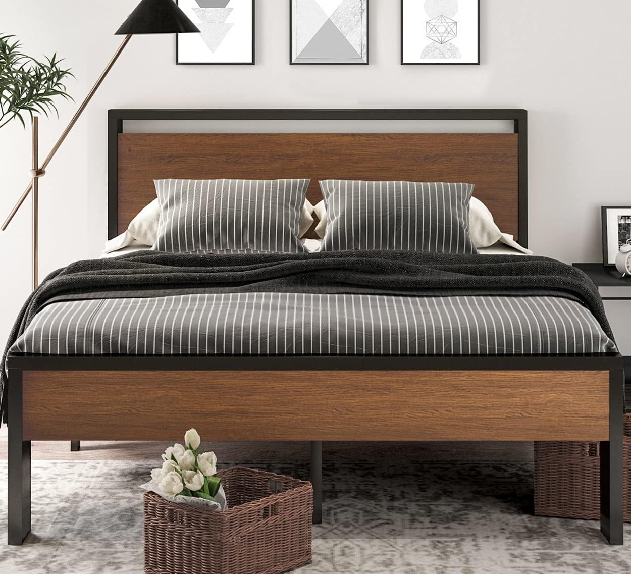 SHA CERLIN 14 Inch Queen Size Metal Platform Bed Frame with Wooden Headboard and Footboard