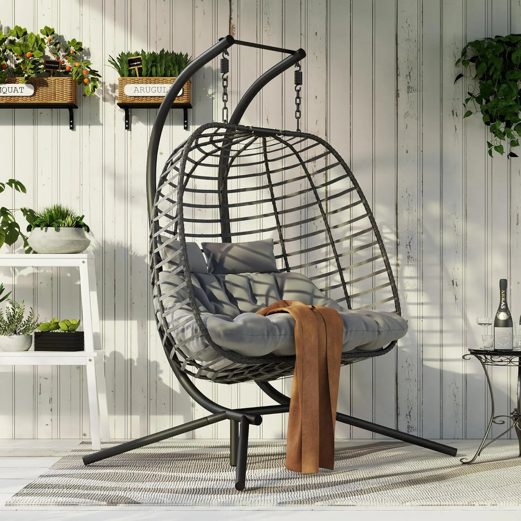 HWB Hanging Egg Chair Patio Wicker Hammock Egg Swing Chair with Cushion for Bedroom
