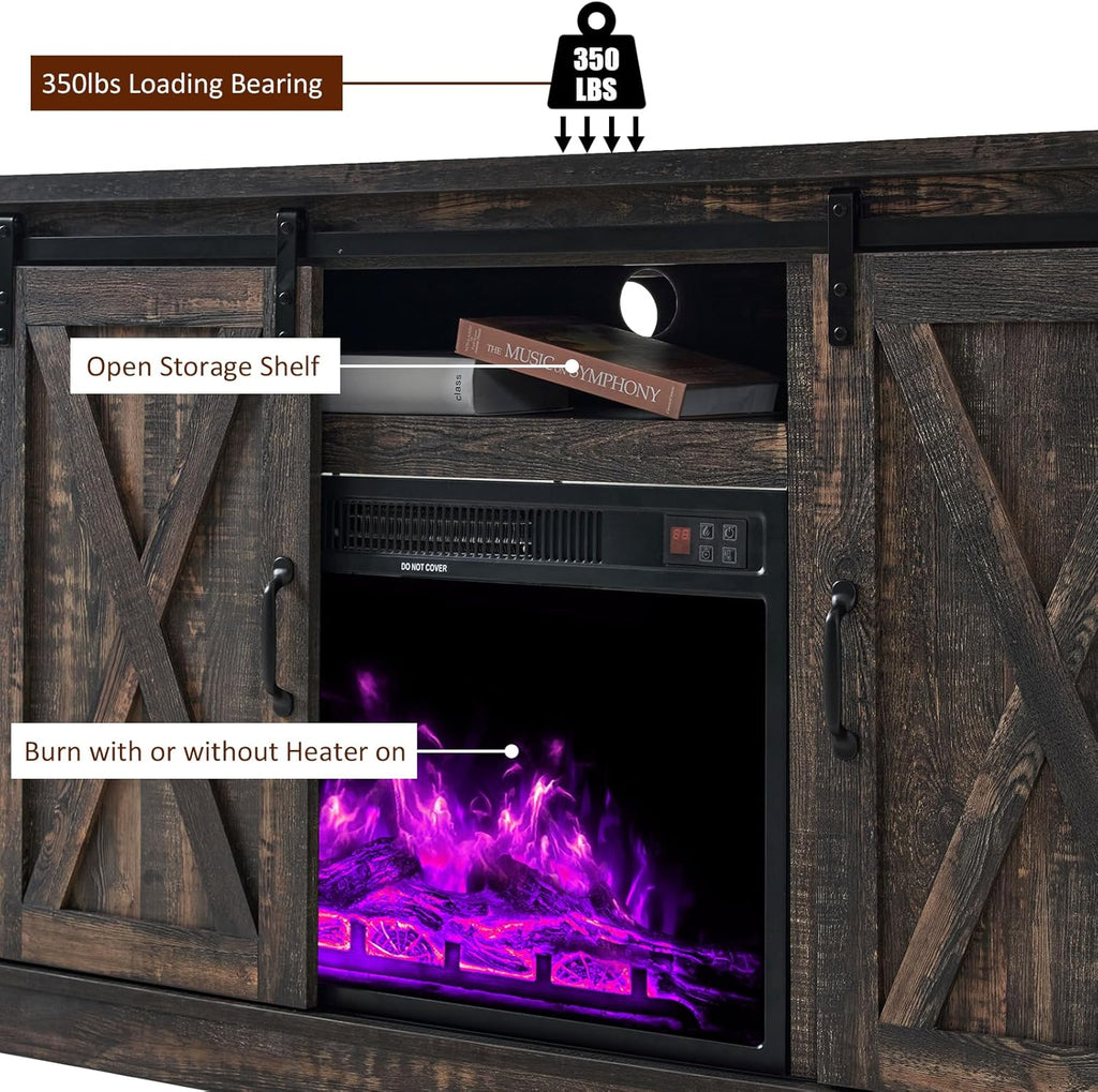 AMERLIFE Fireplace TV Stand with Sliding Barn Door  Farmhouse 63 Fireplace Entertainment Center