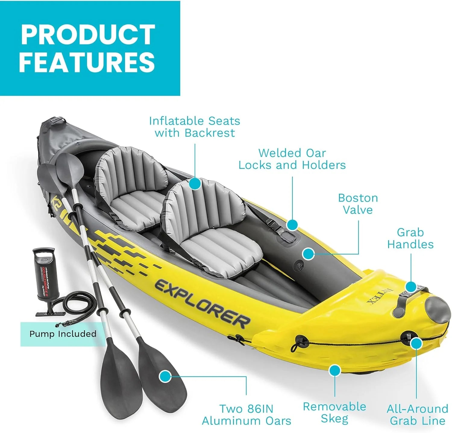 Intex 68307EP Explorer K2 Inflatable Kayak Set: Includes Deluxe 86in Aluminum Oars and High
