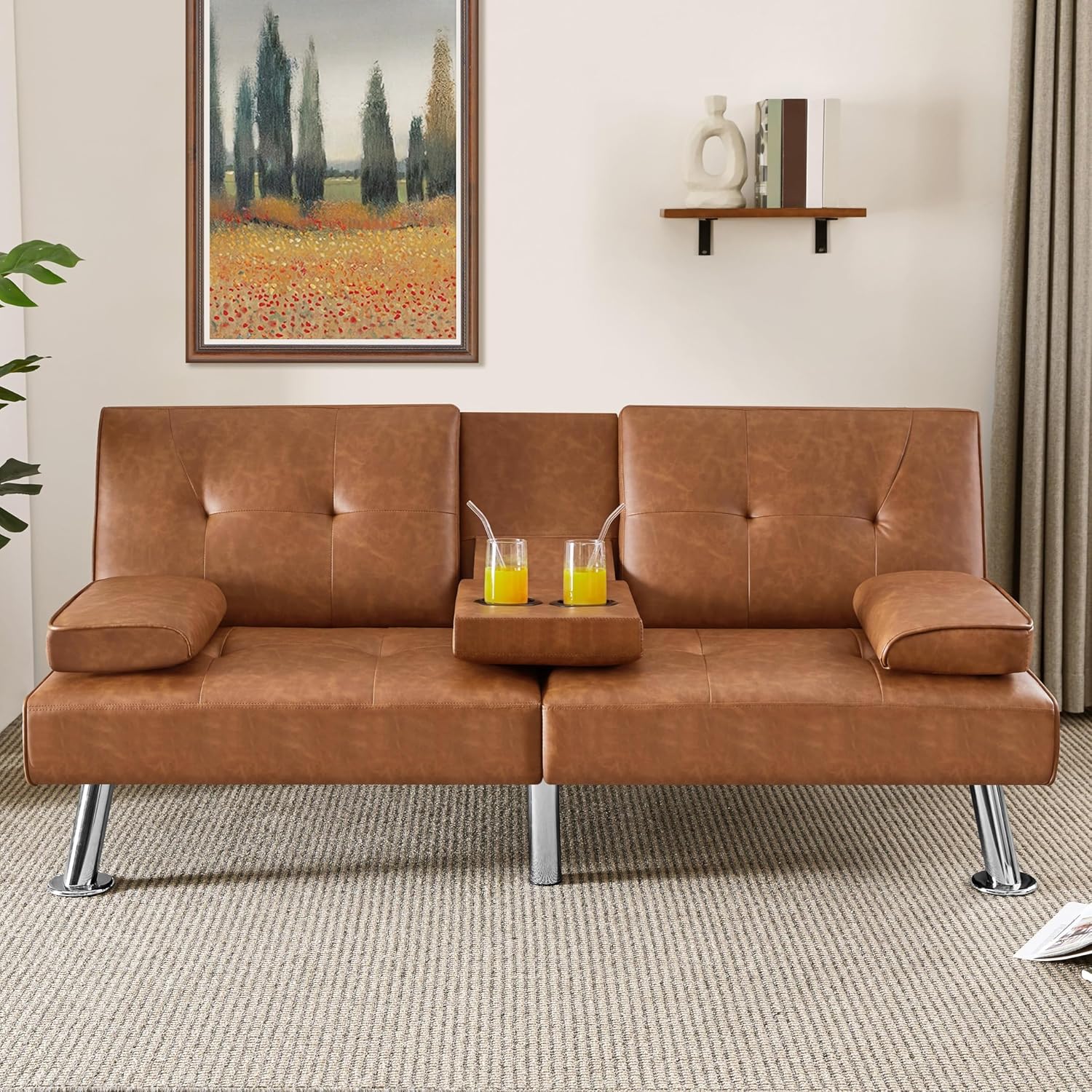 Yaheetech Convertible Sofa Bed Adjustable Couch Sleeper Modern Faux Leather Home Recliner Reversible Loveseat Folding Daybed Guest Bed, Removable Armrests, Cup Holders, 3 Angles, 772lb Capacity, Brown