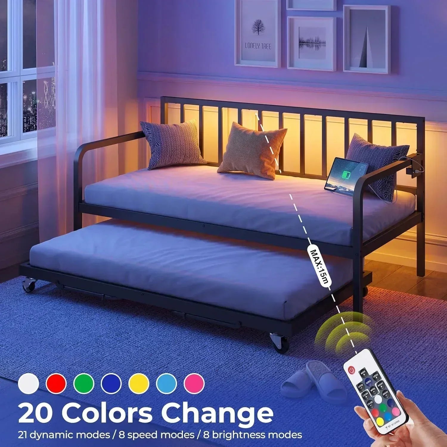 Rolanstar Daybed with Charging Station and LED Lights Height Adjustable Twin Daybed