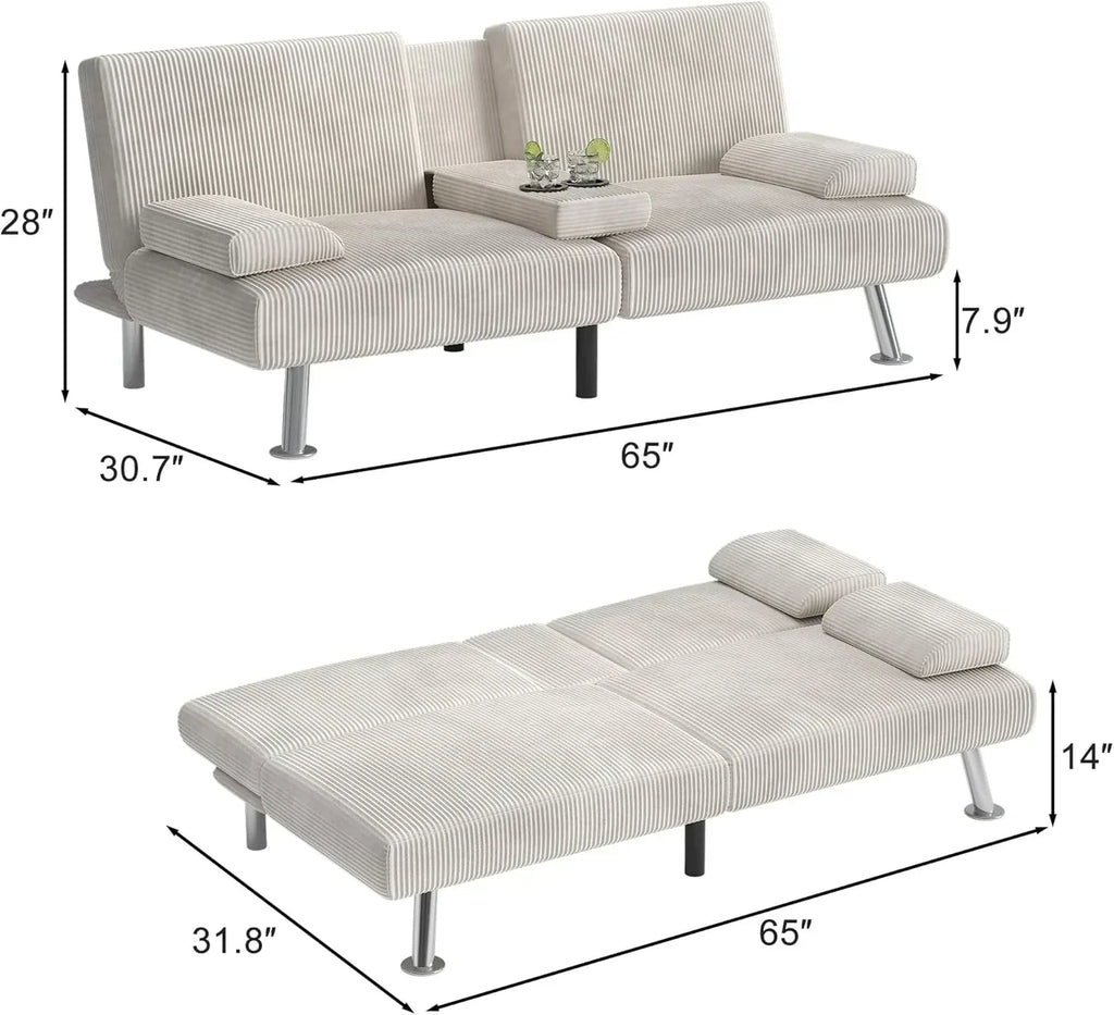 Shahoo Modern Linen Upholstered Convertible Folding Futon Sofa Bed with Removable Armrests