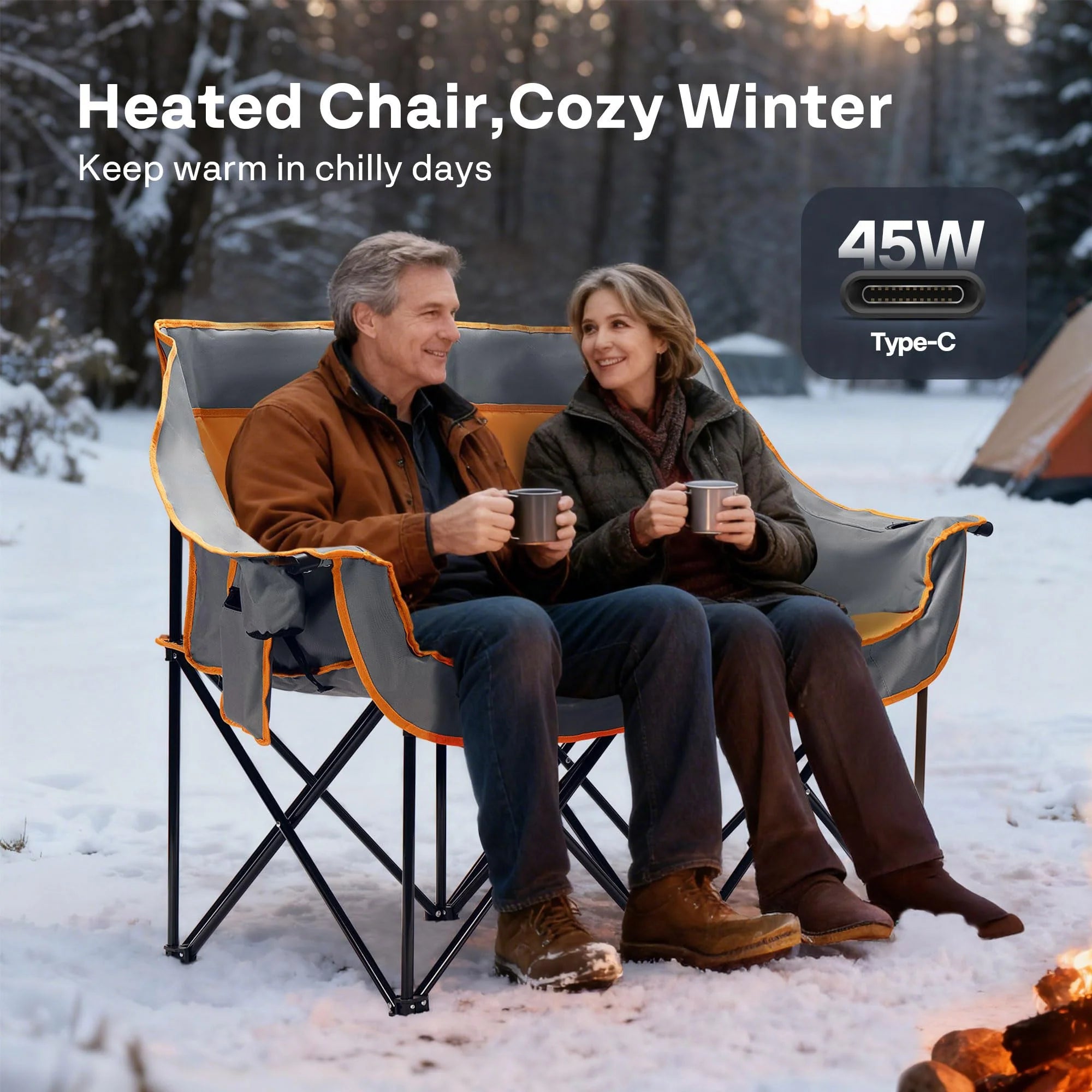 Heated Double Camping Chair Folding Padded Loveseat with Power Banks and Cup Holders