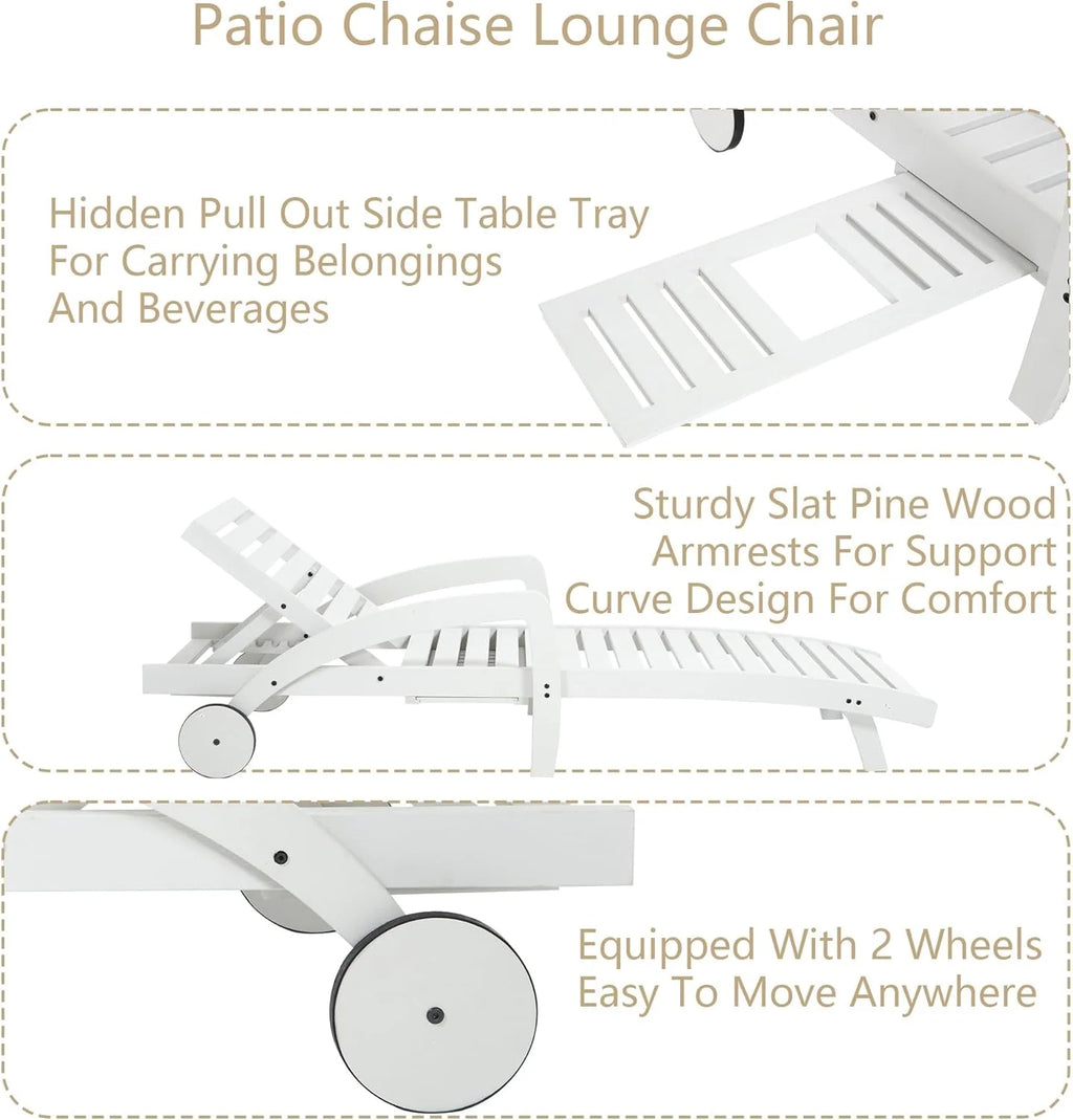 Pool Chaise Lounge Chairs Set of 4 5-Position Adjustable Outdoor Patio Lounge Chairs Wood Reclining Chaise Lounger Chair with Pullout Side Table