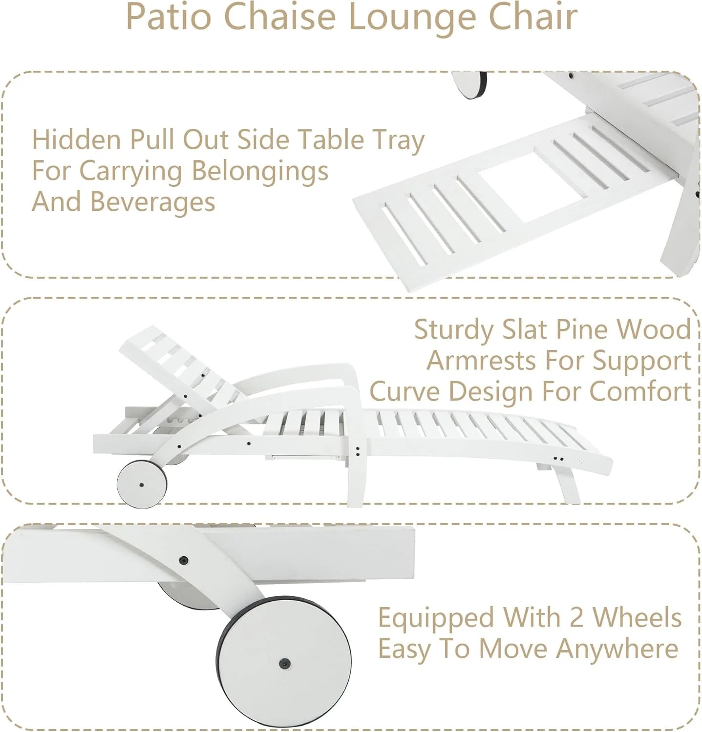 Pool Chaise Lounge Chairs Set of 4 5-Position Adjustable Outdoor Patio Lounge Chairs Wood Reclining Chaise Lounger Chair with Pullout Side Table