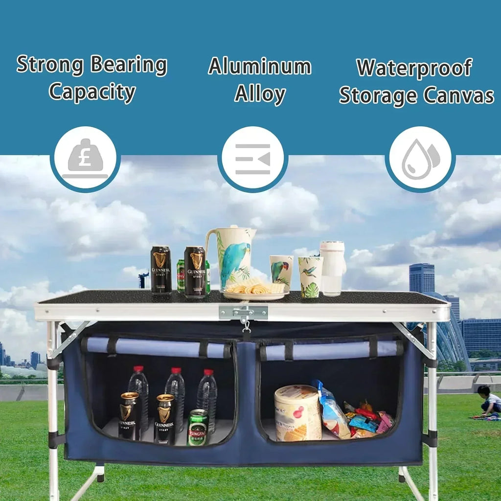 Outdoor Folding Table Aluminum Lightweight Height Adjustable with Storage Organizer