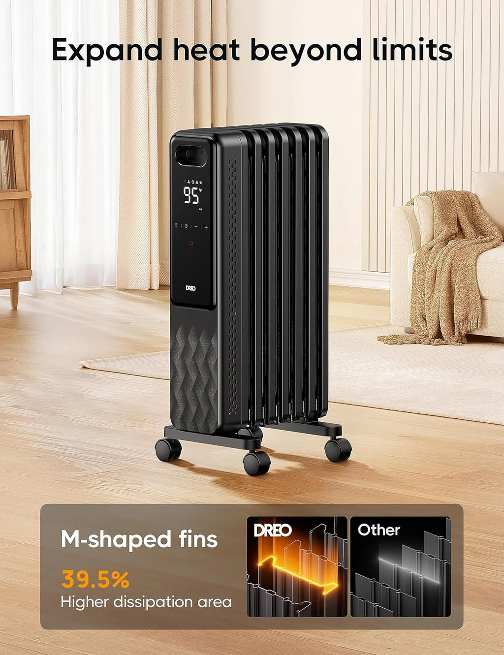 Indoor electric radiant heater with overheat and tip-over protection, digital thermostat, oil-filled radiator