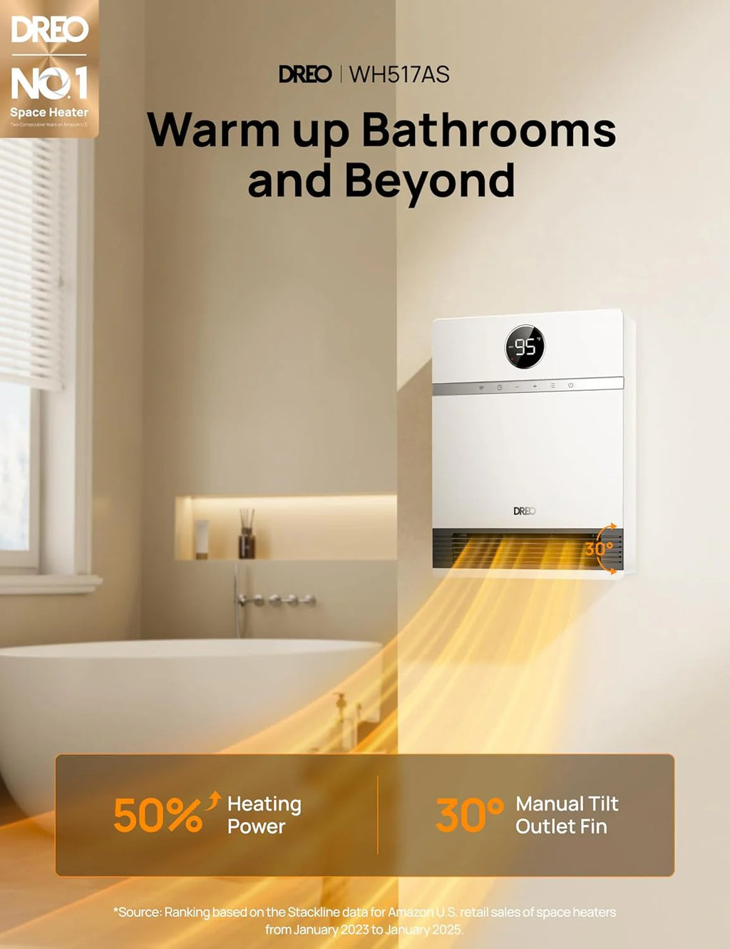 Dreo Smart Wall Heater, IP24 Electric PTC Space Heaters for Indoor Use, 30�� Oscillation, Adjustable Thermostat, Remote Control, Works with Alexa, 24H Timer, Easy-mounted for Bedroom, Office, Home