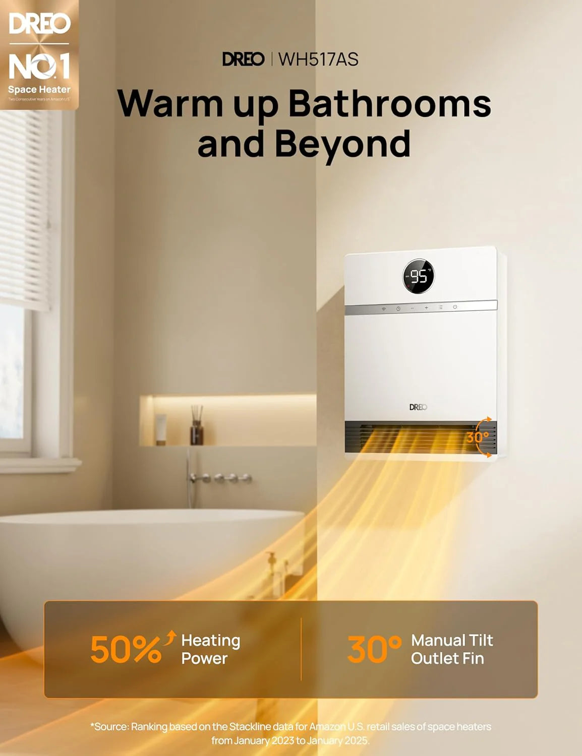 Dreo Smart Wall Heater, IP24 Electric PTC Space Heaters for Indoor Use, 30�� Oscillation, Adjustable Thermostat, Remote Control, Works with Alexa, 24H Timer, Easy-mounted for Bedroom, Office, Home