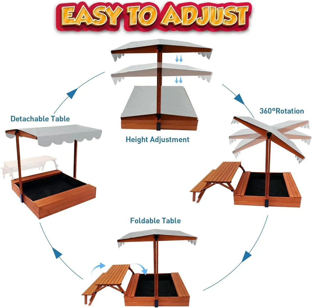 Wooden Kids Sandbox with Lid Outdoor Sand Box with Picnic Table Foldable Sandpit with Cover