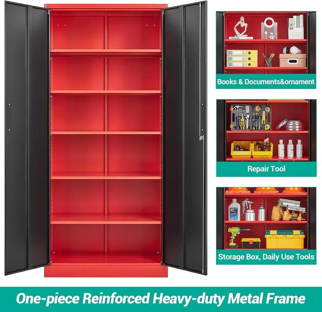 Metal Storage Cabinet with 2 Doors and 6 Shelves Black Metal Cabinet Garage Storage Cabinet