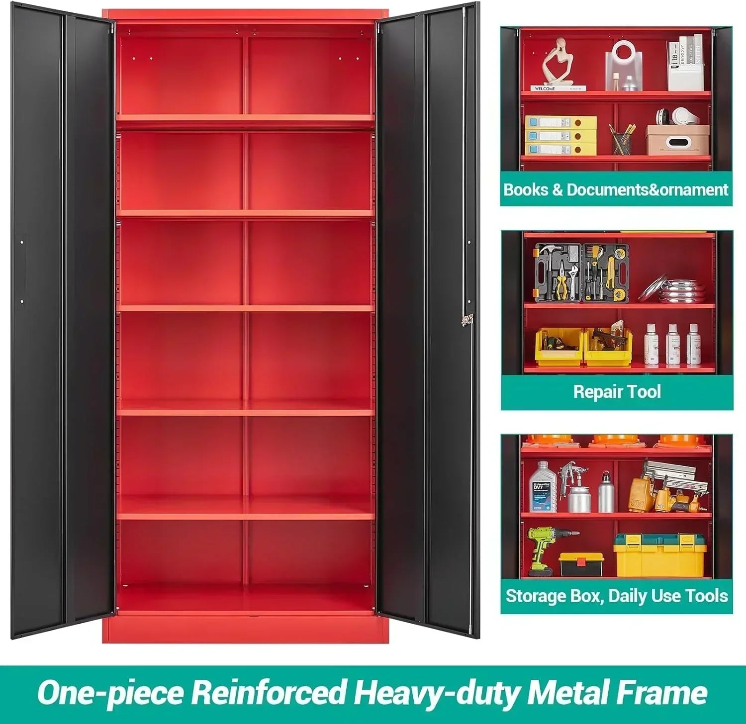 Metal Storage Cabinet with 2 Doors and 6 Shelves Black Metal Cabinet Garage Storage Cabinet