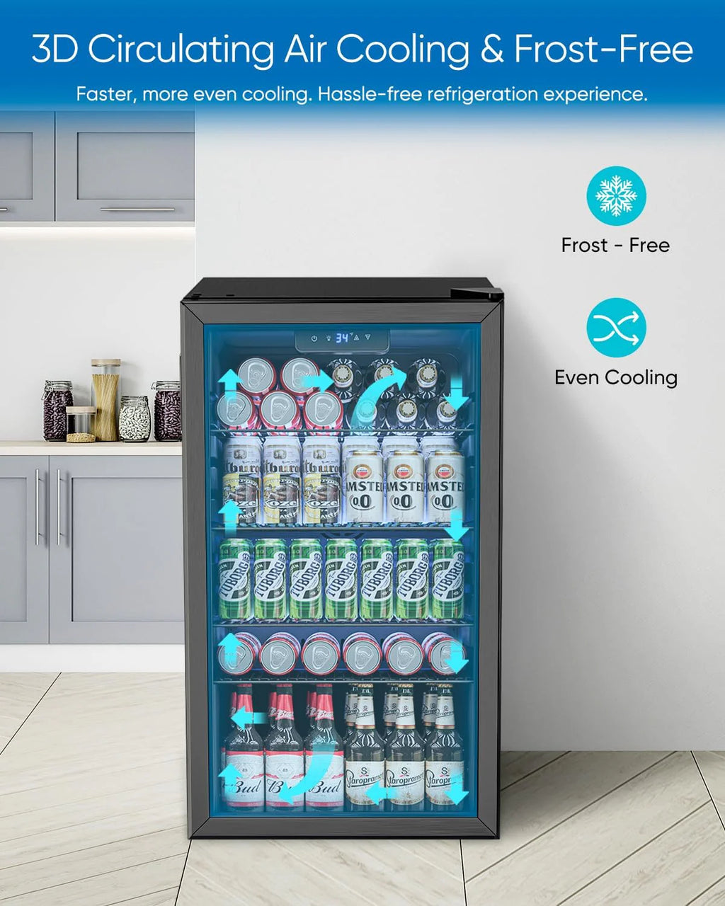 Beverage Refrigerator Cooler - 126 Can Mini Fridge Glass Door for Drinks Soda Beer Wine - Small Refrigerator for Office Bedroom Home Bar, 4 Adjustable Shelves, 3.2 Cu.Ft, Silver