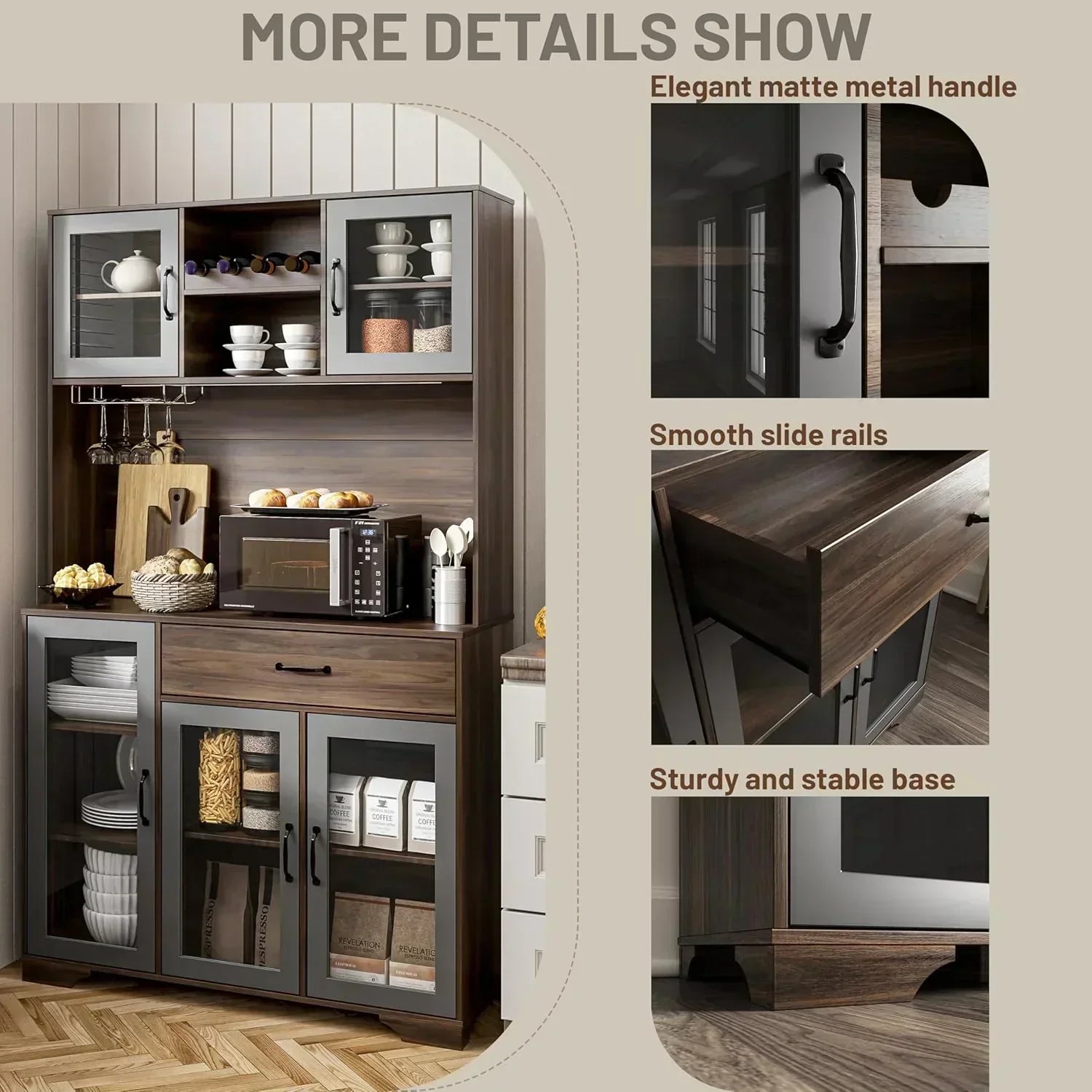 Kitchen Hutch Pantry Cabinet 71 Tall with Glass Doors