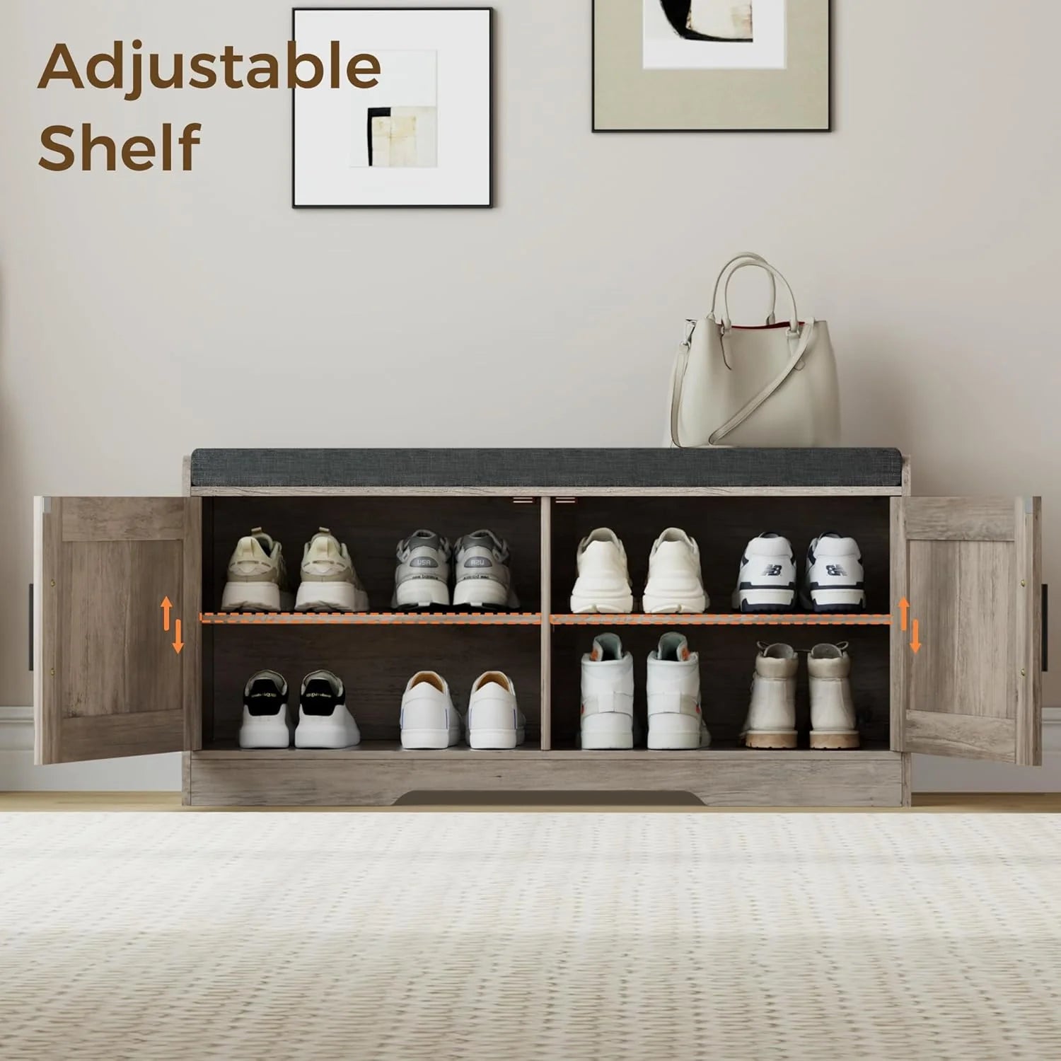 2-Tier Storage Bench, Shoe Bench with Thickened Padded Seat Cushion, Entryway Bench with 4 Doors, Adjustable Shelf, 13.8 D x 45.3 W x 18.5 H, for Entryway, Living Room, Bedroom, White