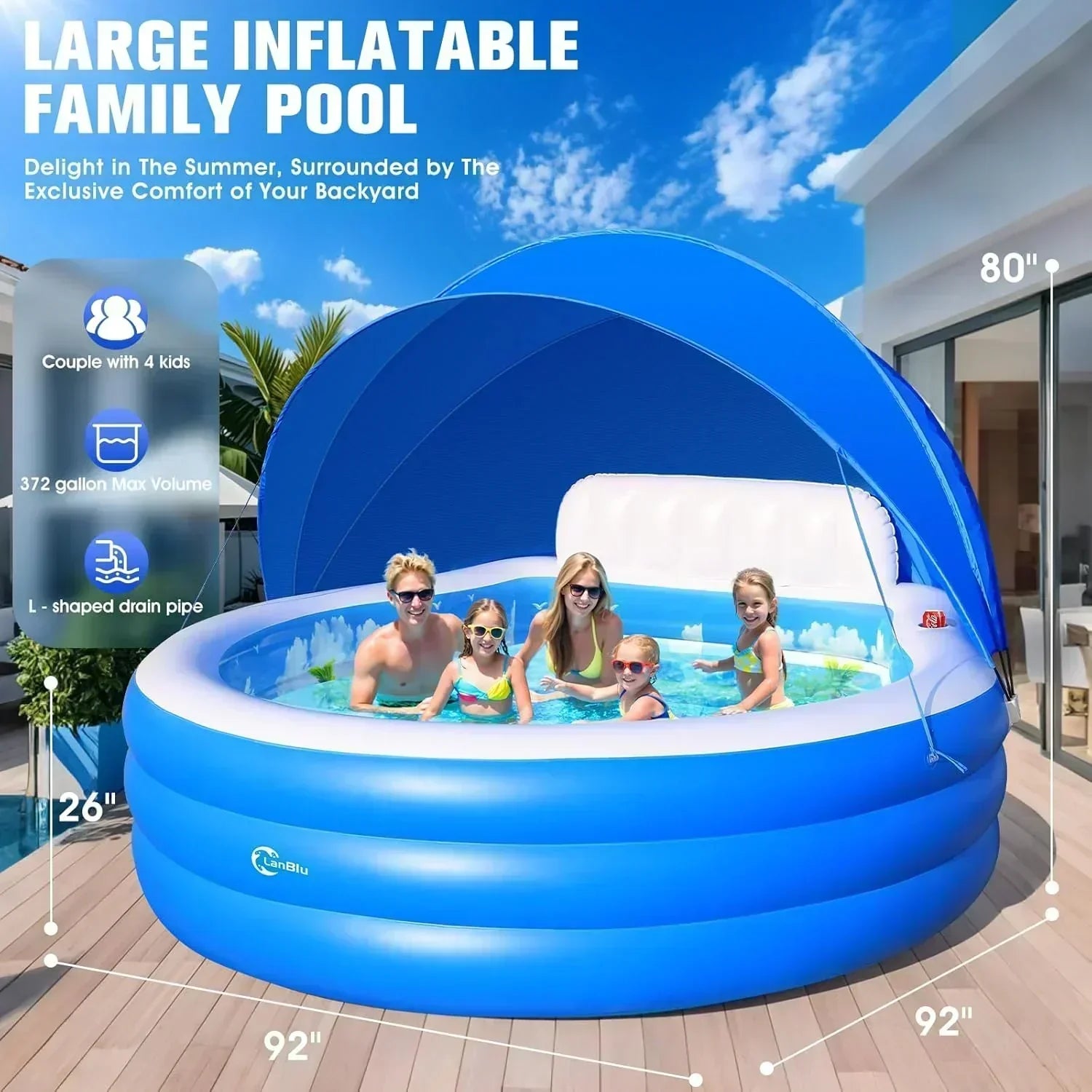 2025 Upgraded Inflatable Pool with Canopy Inflatable Family Lounge Pool Round Blow Up Pool