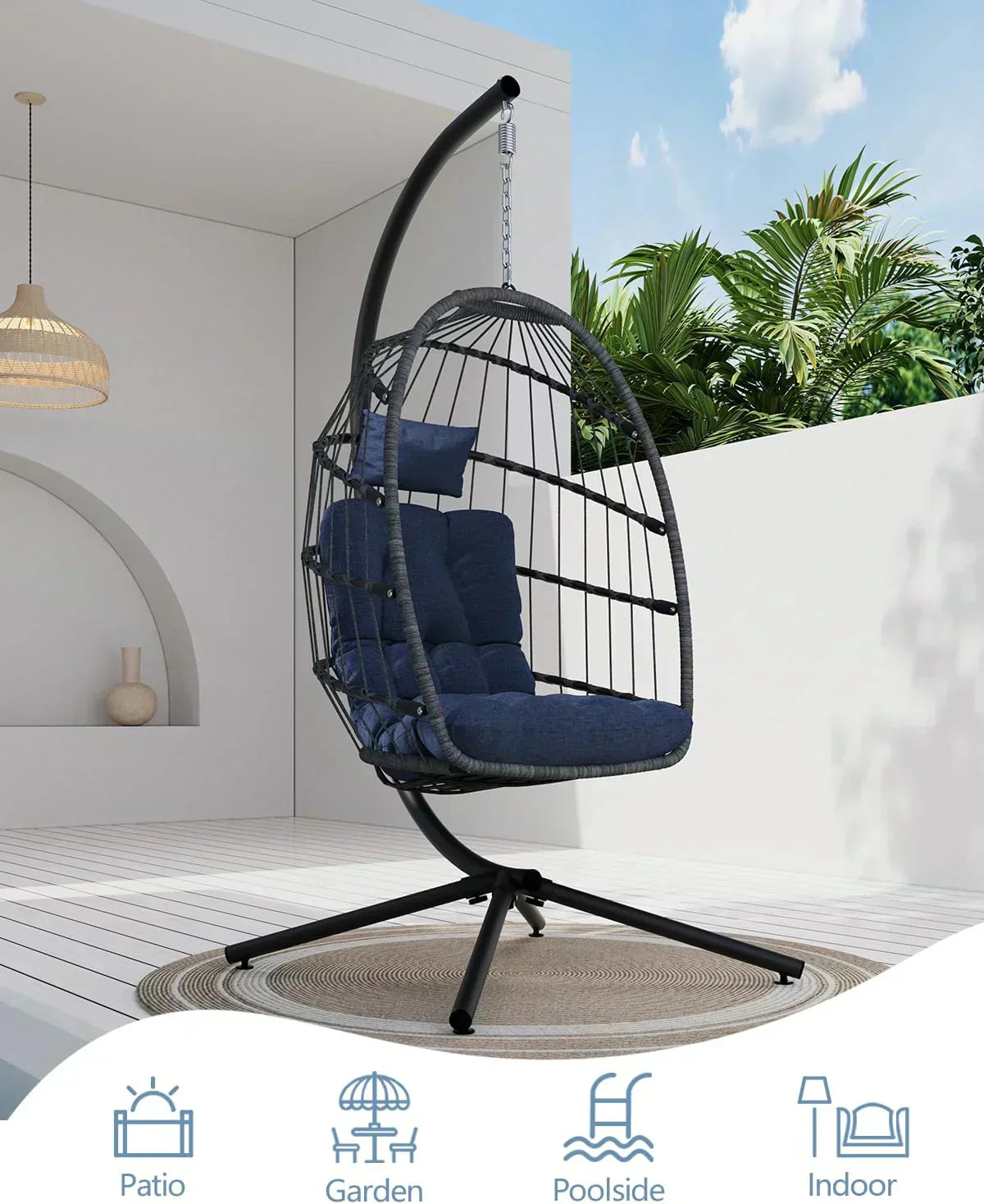 SWITTE Egg Chair Outdoor with Stand Indoor Wicker Hanging Egg Swing Chair with Cushion