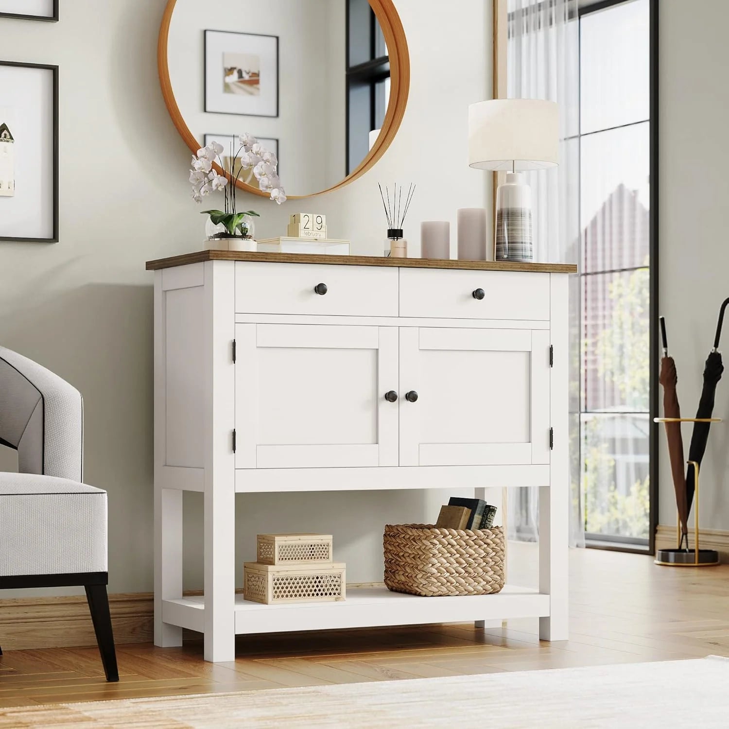 HOSTACK Farmhouse Console Table with 2-Door Cabinet & 2 Drawers, Coffee Bar, Entryway Table with Storage Shelf, Sofa Tables Buffet Sideboard for Kitchen, Hallway, Dining, Living Room, Rustic Brown