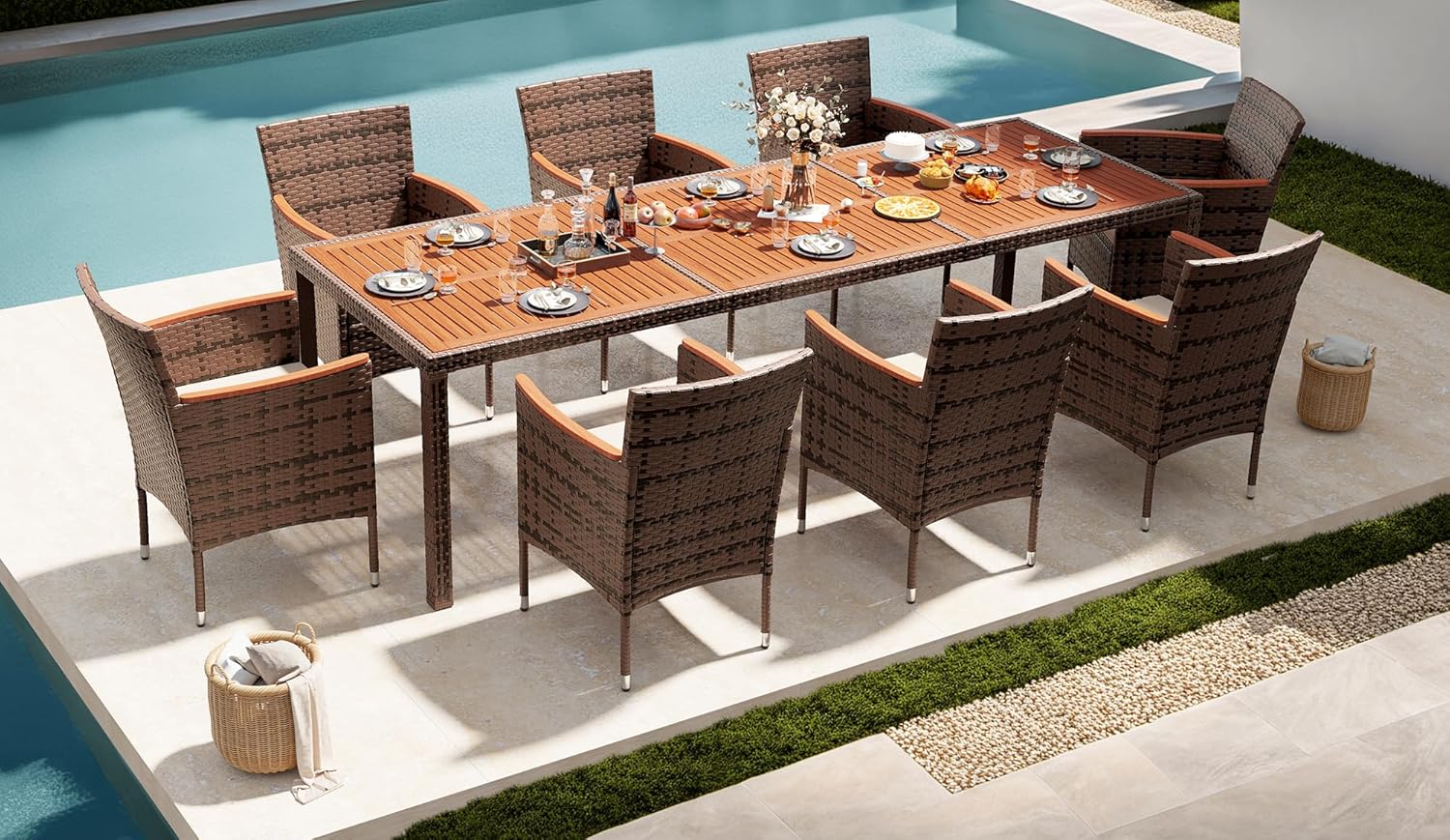 Devoko Dining 7 PCS Furniture Patio Conversation Set with Acacia Wood Table Top Rattan Outdoor