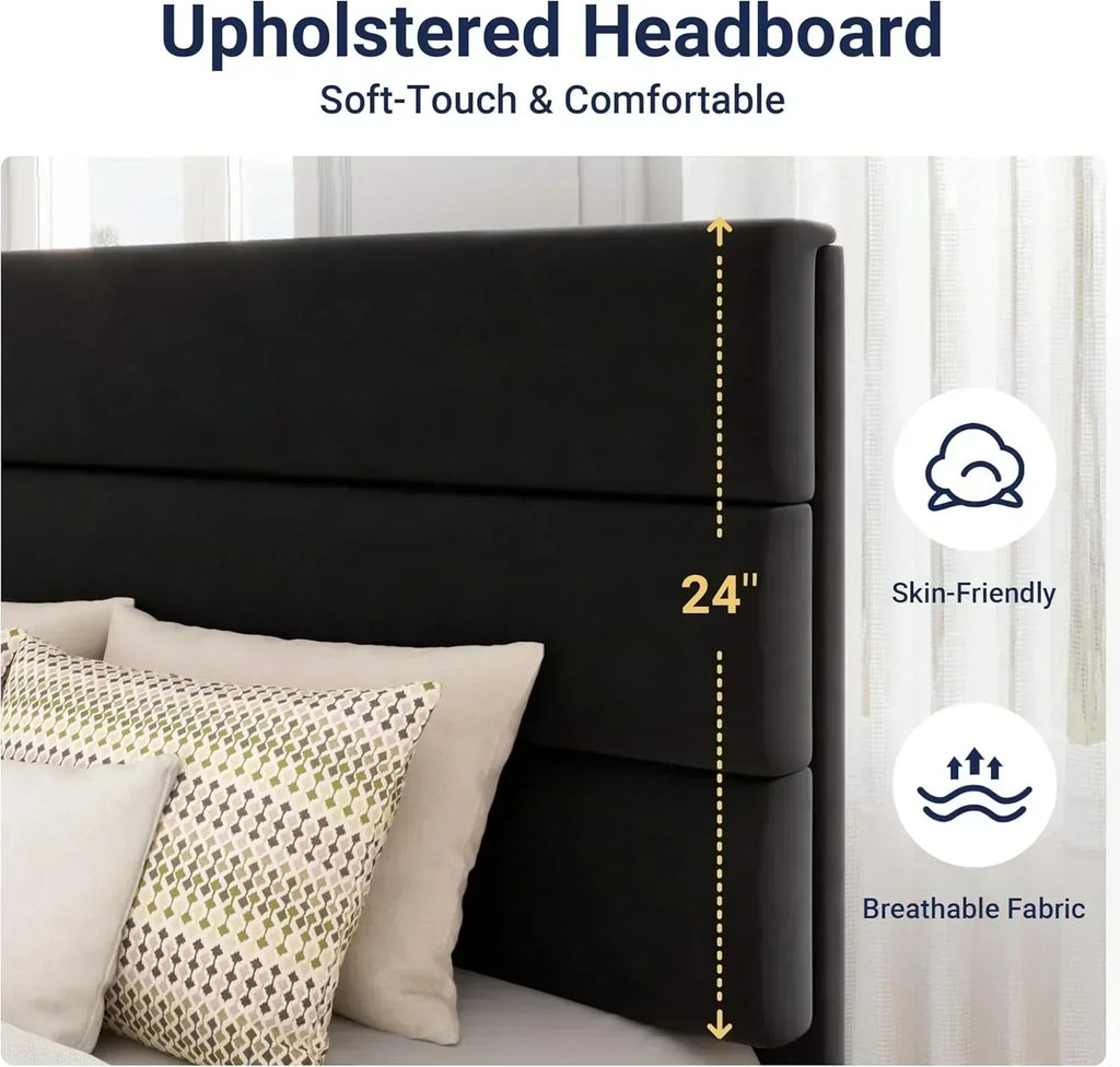 Allewie King size platform bed frame with velvet upholstered headboard and planks