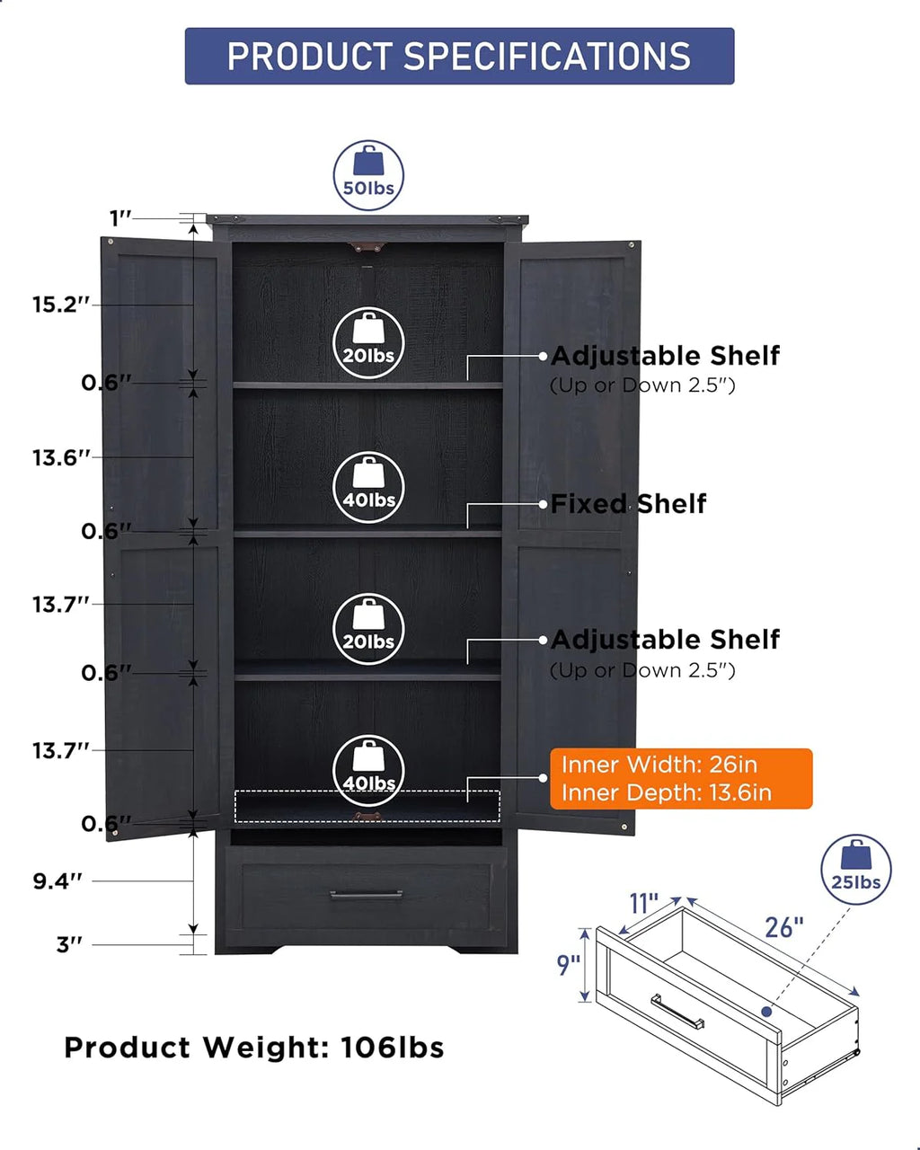 JXQTLINGMU Farmhouse Kitchen Pantry - 72 Tall Wood Kitchen Storage Cabinet with Adjustable Shelves and 2 Barn-Style Doors and Drawers