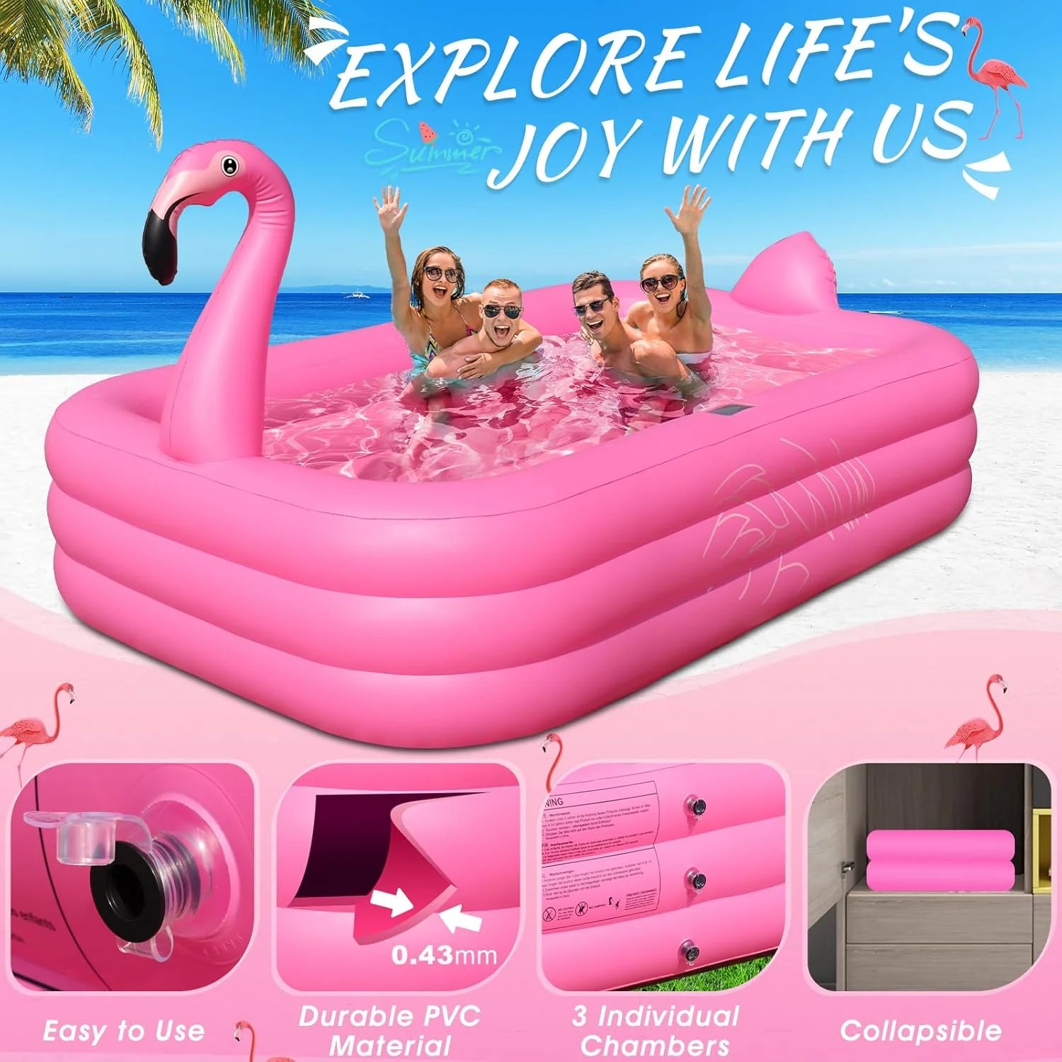 Inflatable Pool with Lights, Solar Flamingo Swimming Pool for Kids,Adults Inflatable Blow up Pool, Large Kiddie Pool, Durable Thickened Inflatable Family Pool for Backyard,Outdoor,105x65x25