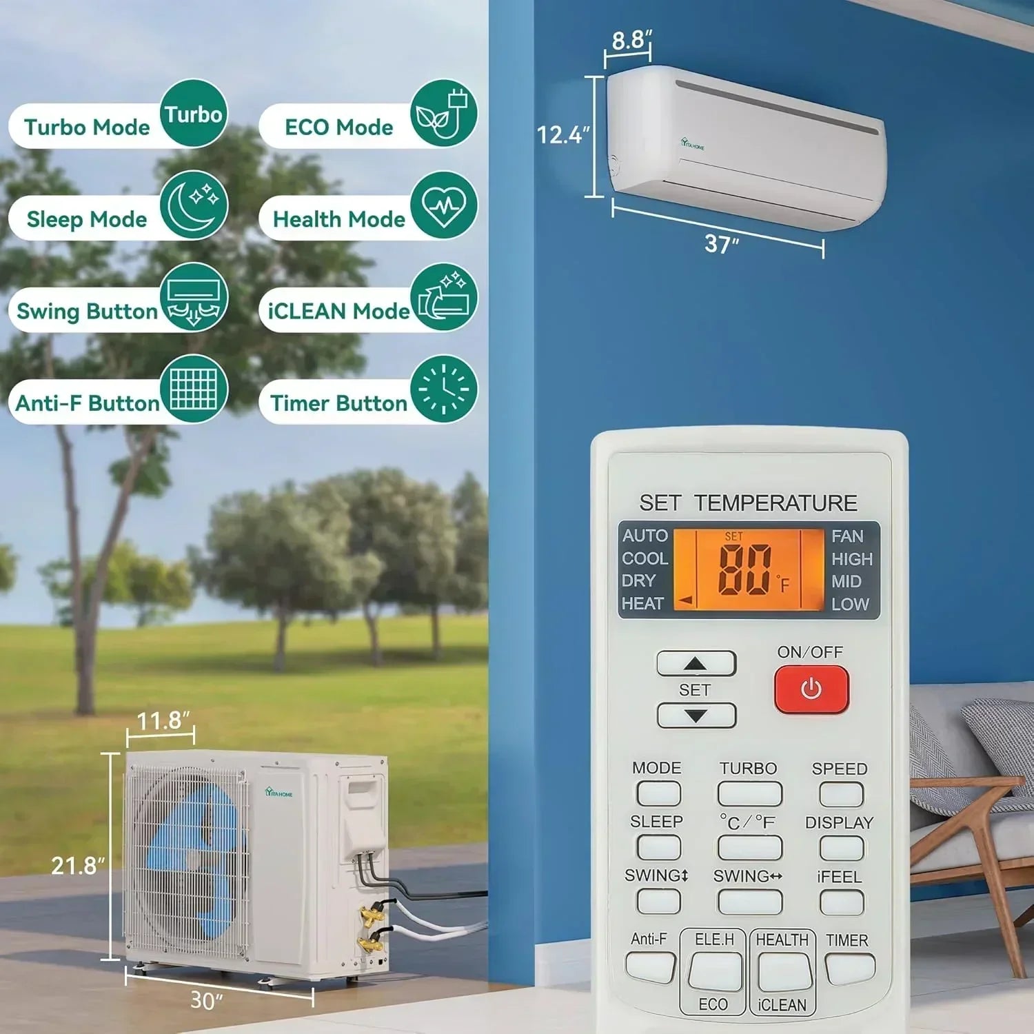12000 BTU Mini Split Air Conditioner Heat Pump System Wifi Enabled 20 SEER2 115V Inverter Ductless
