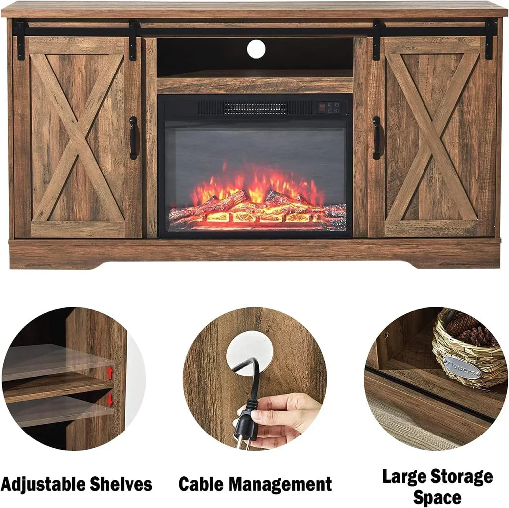 AMERLIFE Fireplace TV Stand with Sliding Barn Door  Farmhouse 63 Fireplace Entertainment Center