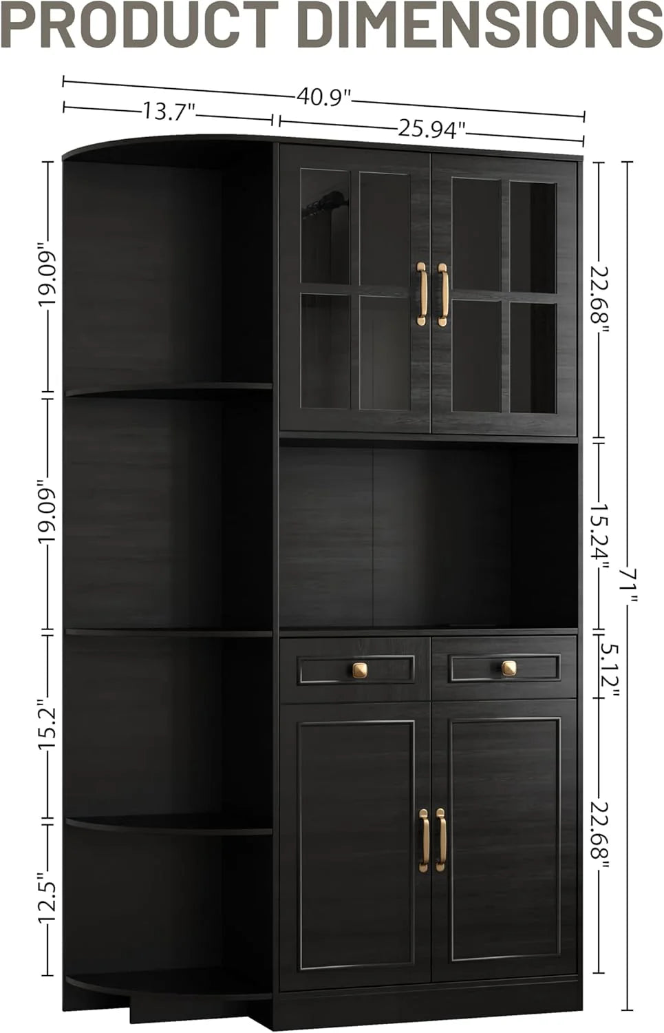 Kitchen Hutch Pantry Cabinet 71 Tall with Glass Doors