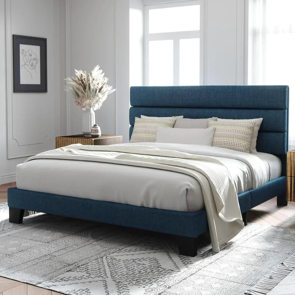 Allewie King size platform bed frame with velvet upholstered headboard and planks