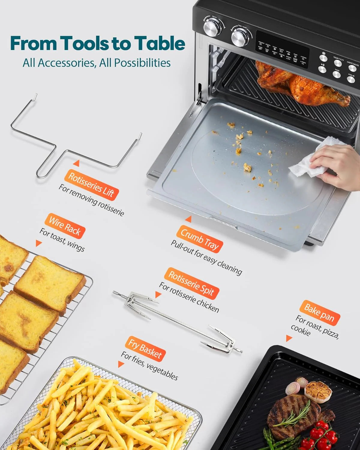28QT Air Fryer Toaster Oven Combo, Large 12-in-1 Convection Countertop Oven with 3-Layer Cooking, Rotisserie for Chicken, 6 Heating Tubes, Fast Preheat, Fits 11 Pizza, Full Accessories, Sparkle Black